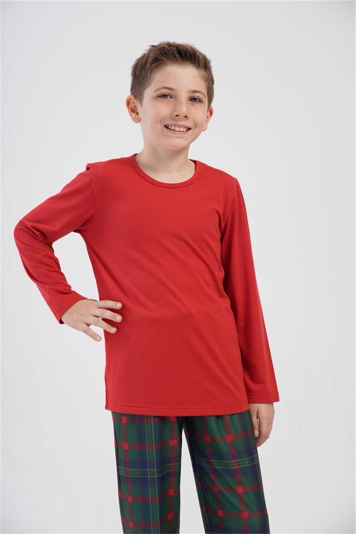 Erkek Çocuk Bordo O Yaka Uzun Kol Pijama Üstü