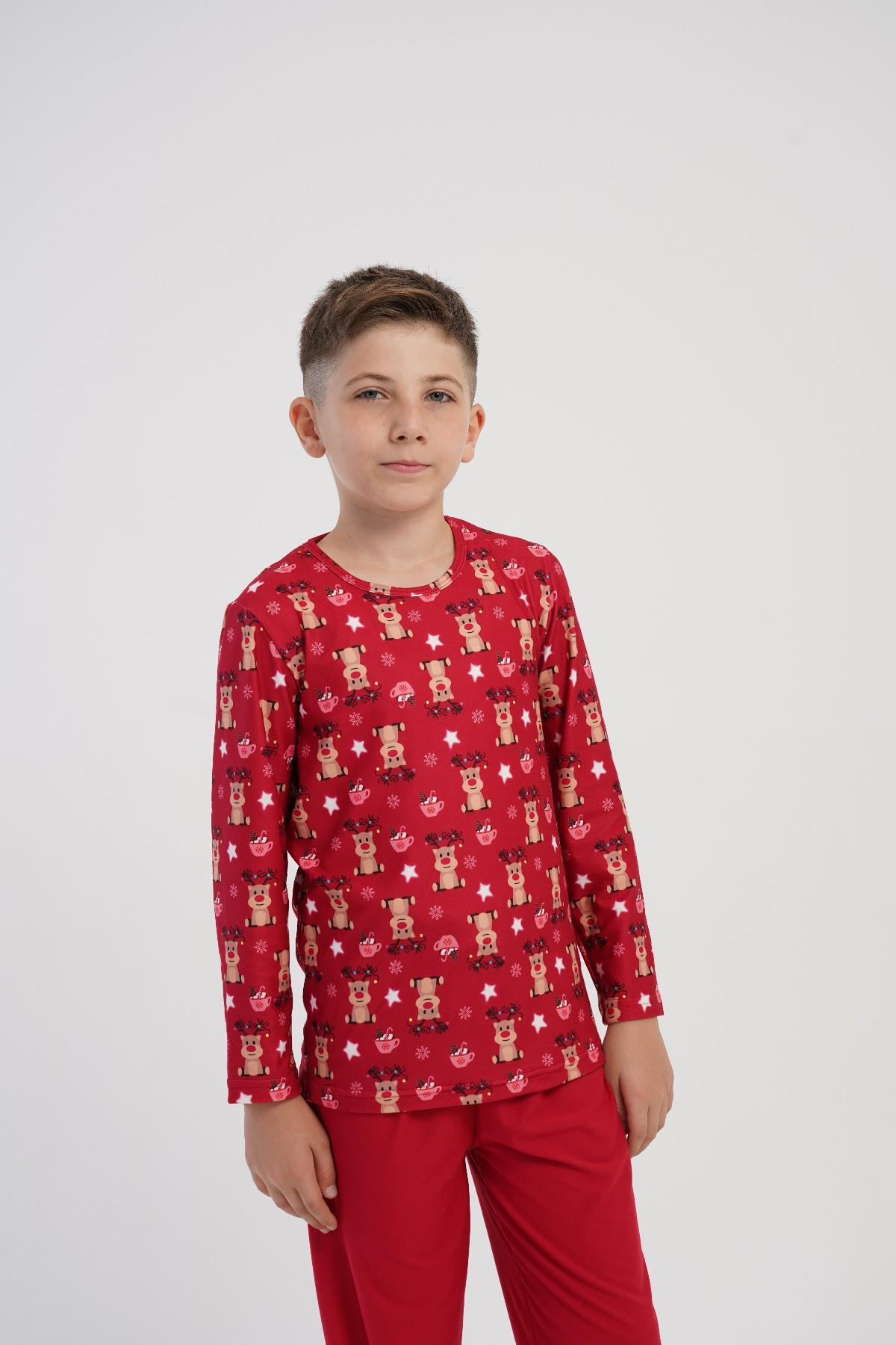 Erkek Çocuk Kırmızı Geyik Desen Marla Pijama Üstü