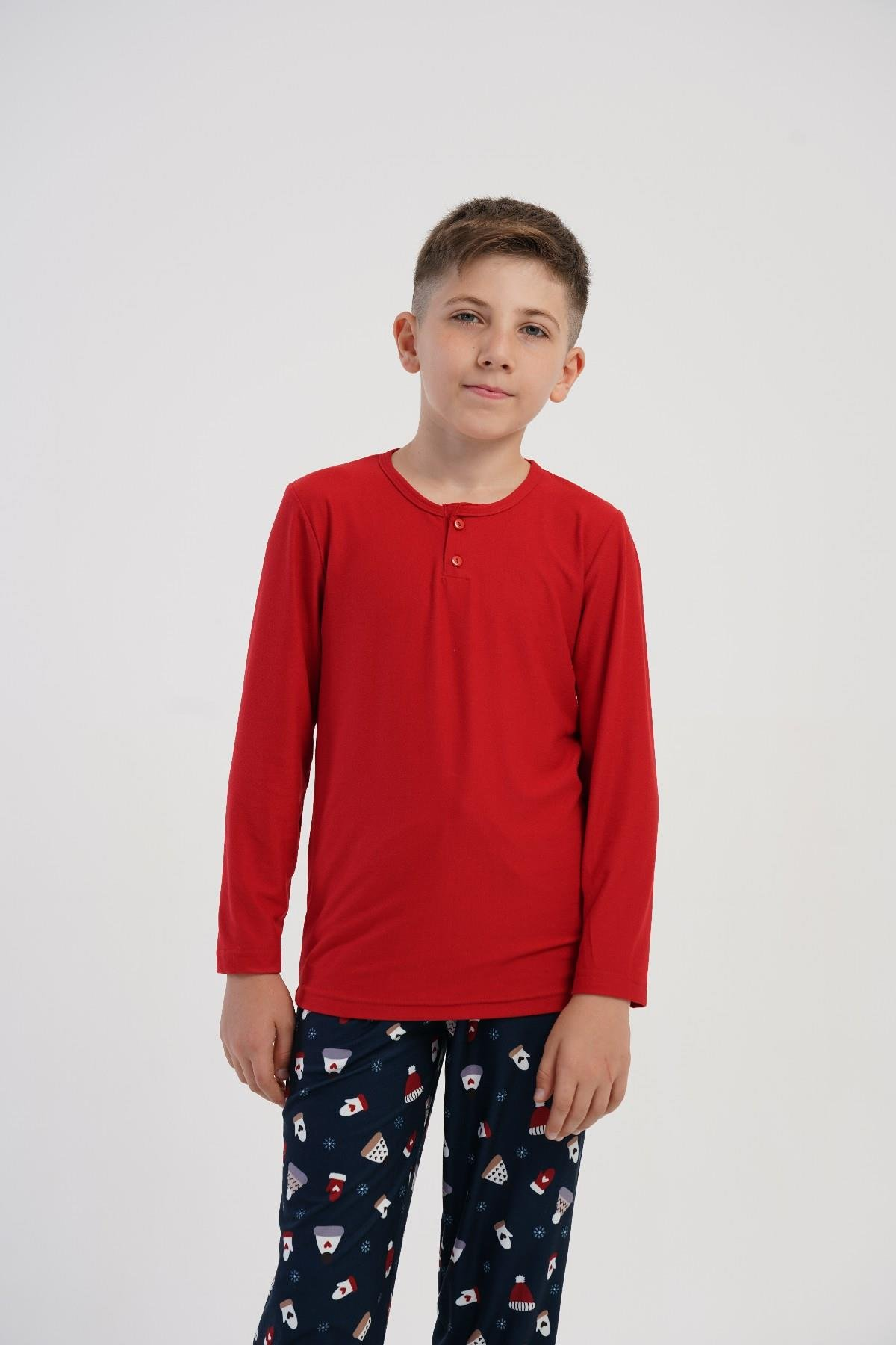 Erkek Çocuk Kırmızı Marla Patlı Uzun Kol Pijama Üstü