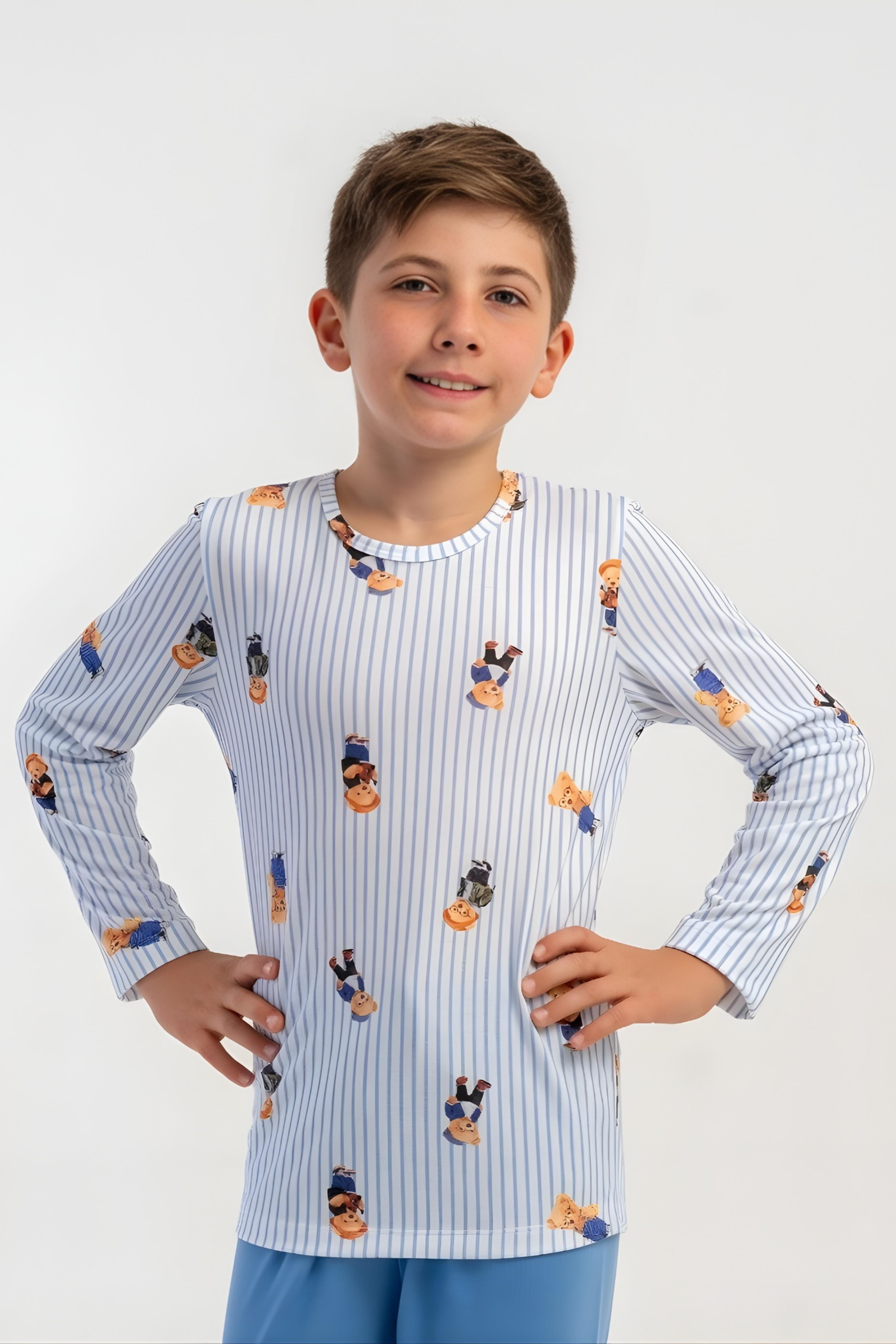 Erkek Çocuk Mavi Likra Polyvıscon O Yaka Uzun Kol Pijama Üstü