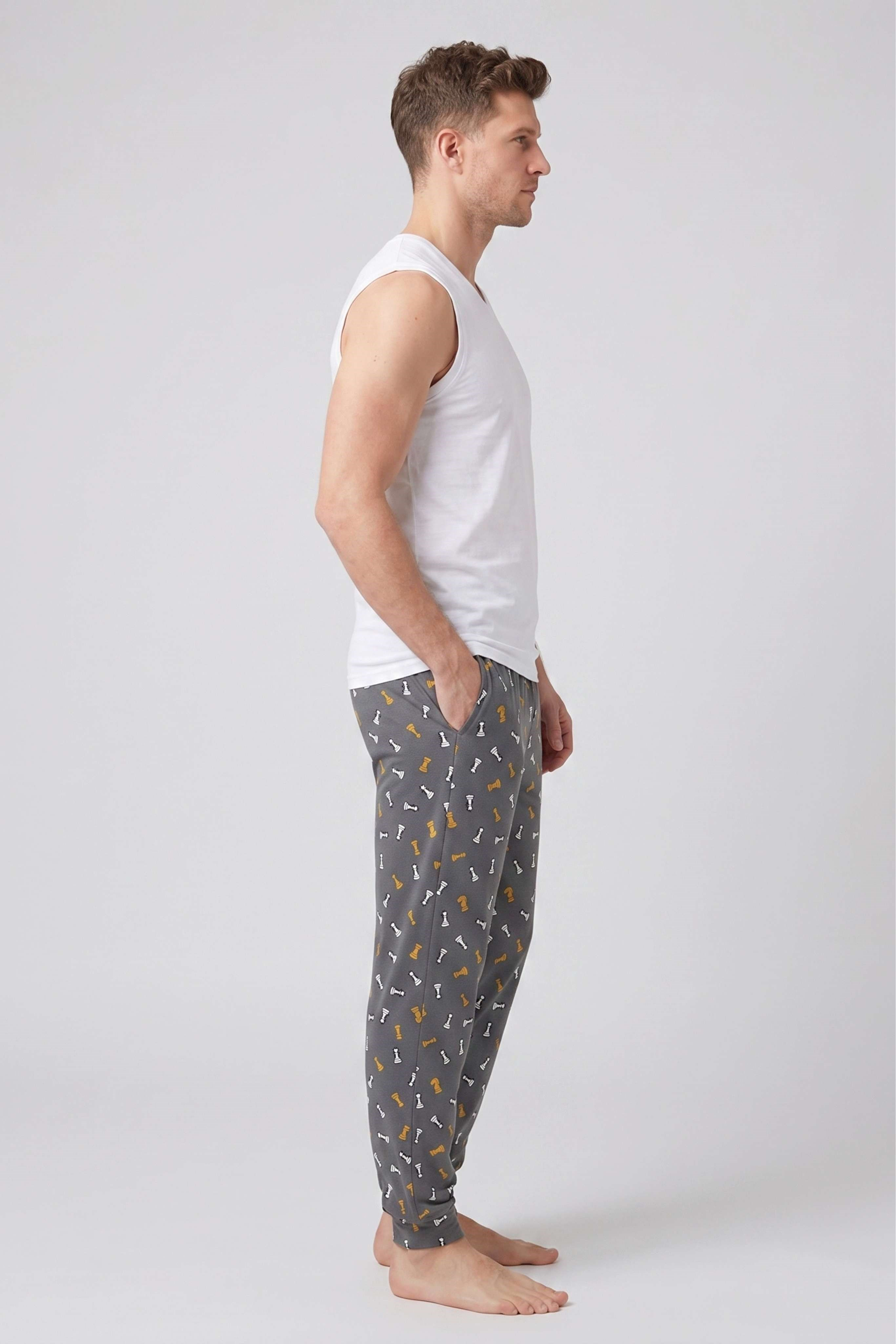 Erkek Füme Satranç Desen Bant Paça Pijama Altı