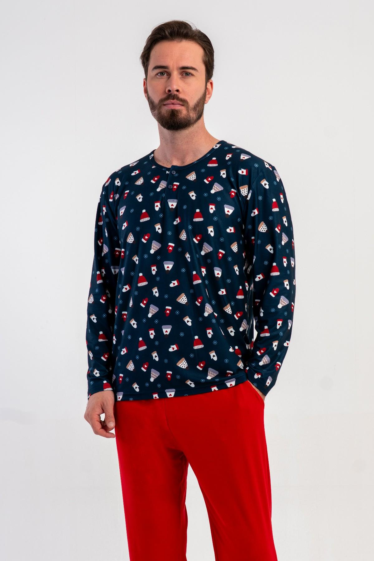 Erkek İndigo Marla Patlı Uzun Kol Pijama Üstü