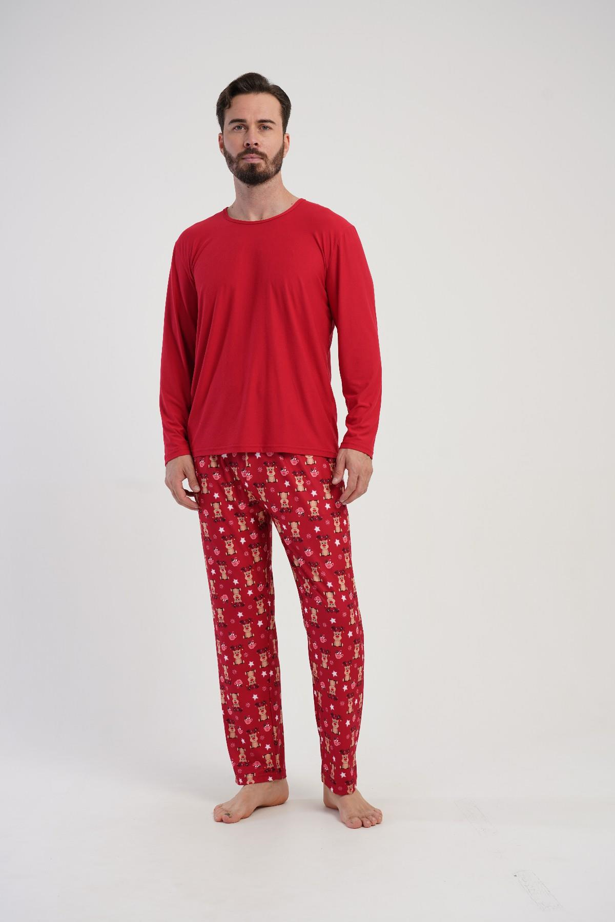 Erkek Kırmızı Geyik Desen Cepli Uzun Pijama Altı