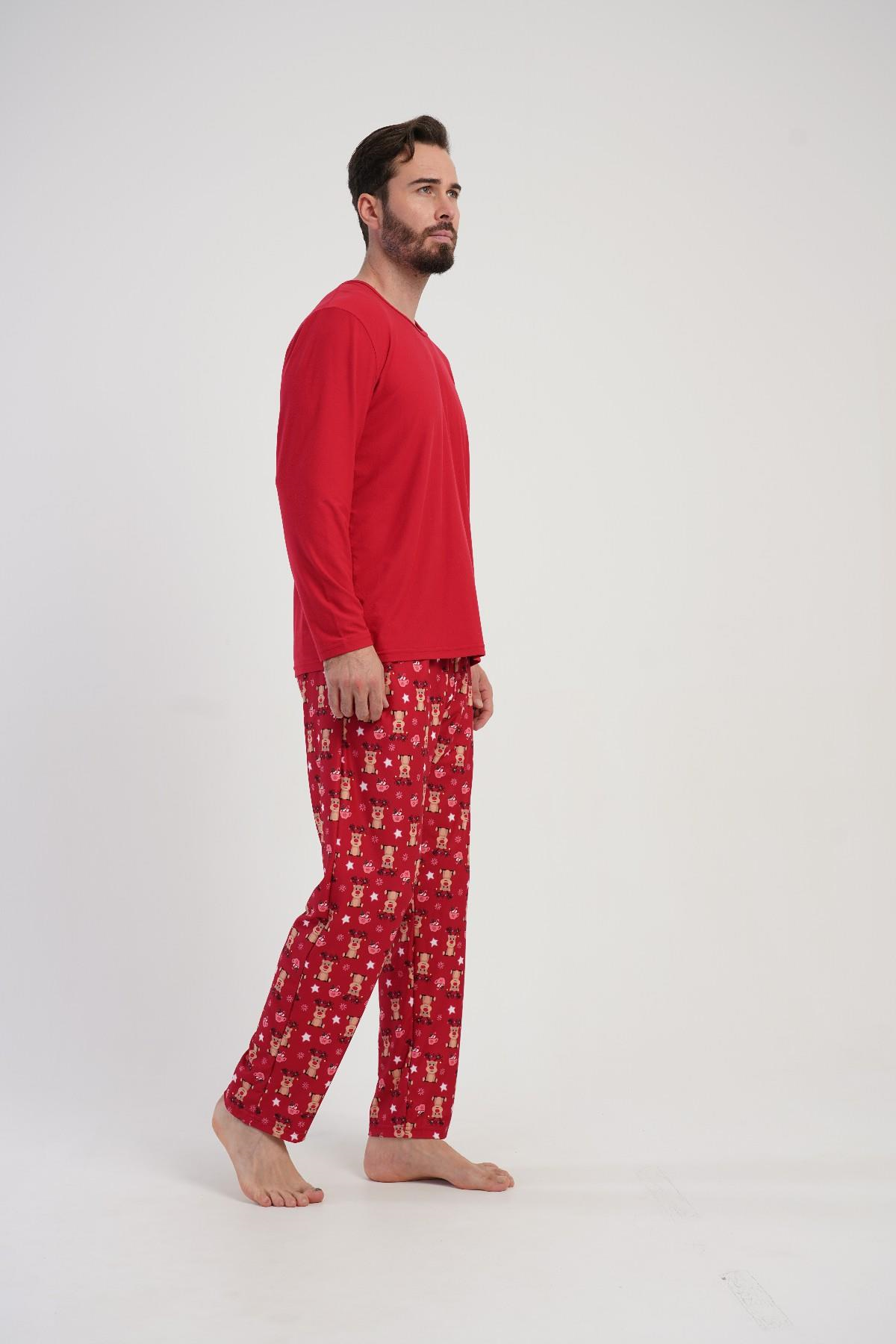 Erkek Kırmızı Geyik Desen Cepli Uzun Pijama Altı