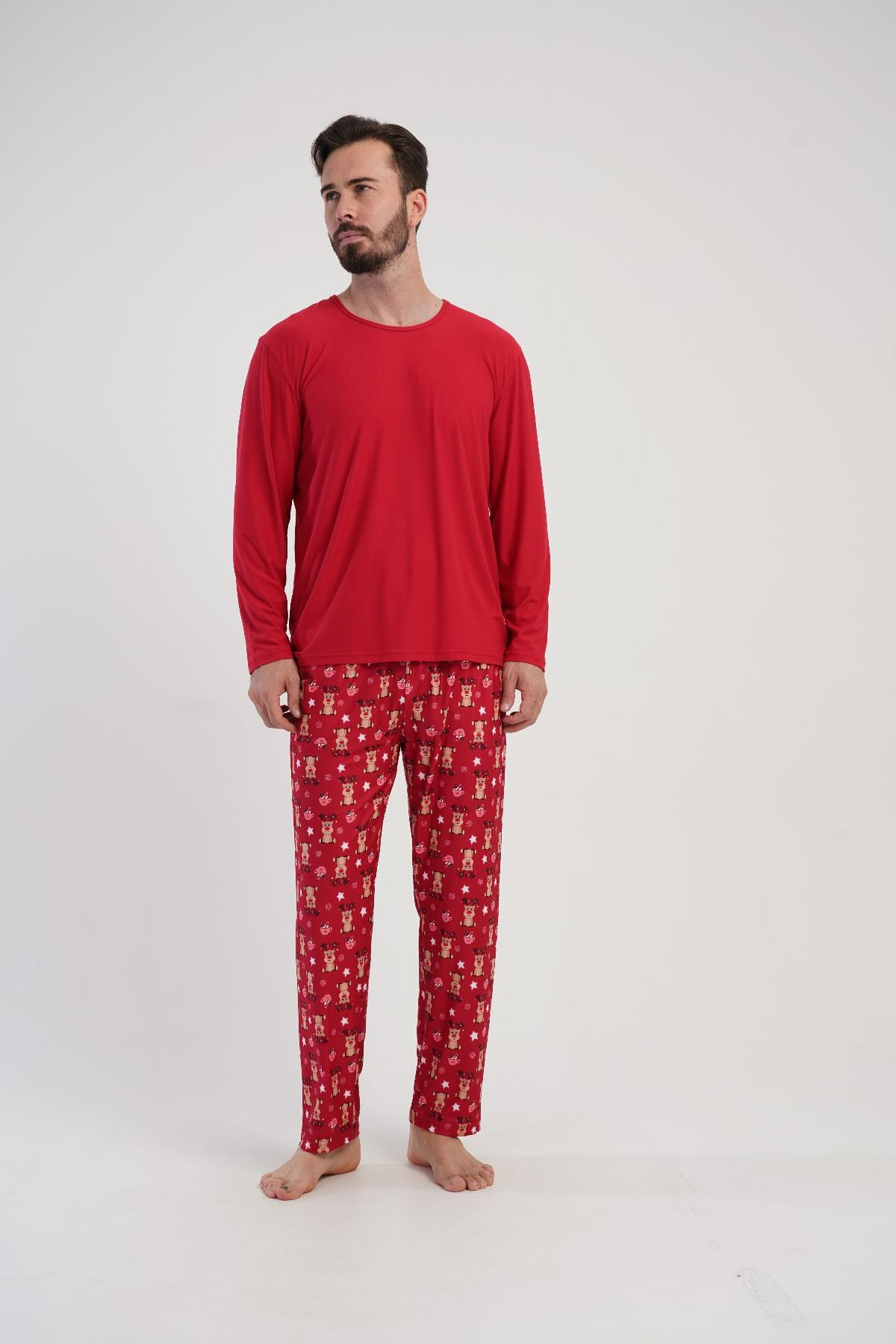 Erkek Kırmızı Geyik Desen Cepli Uzun Pijama Altı