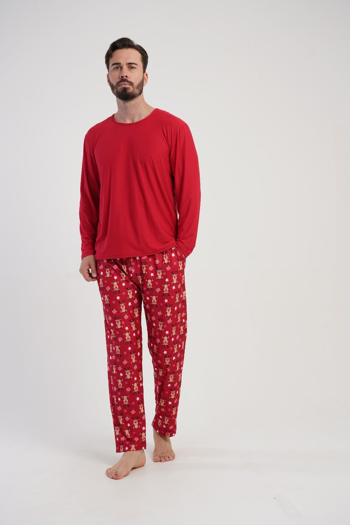 Erkek Kırmızı Geyik Desen Cepli Uzun Pijama Altı