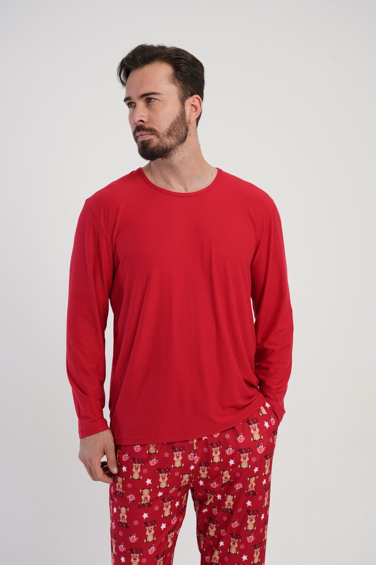 Erkek Kırmızı Marla Uzun Kol Pijama Üstü
