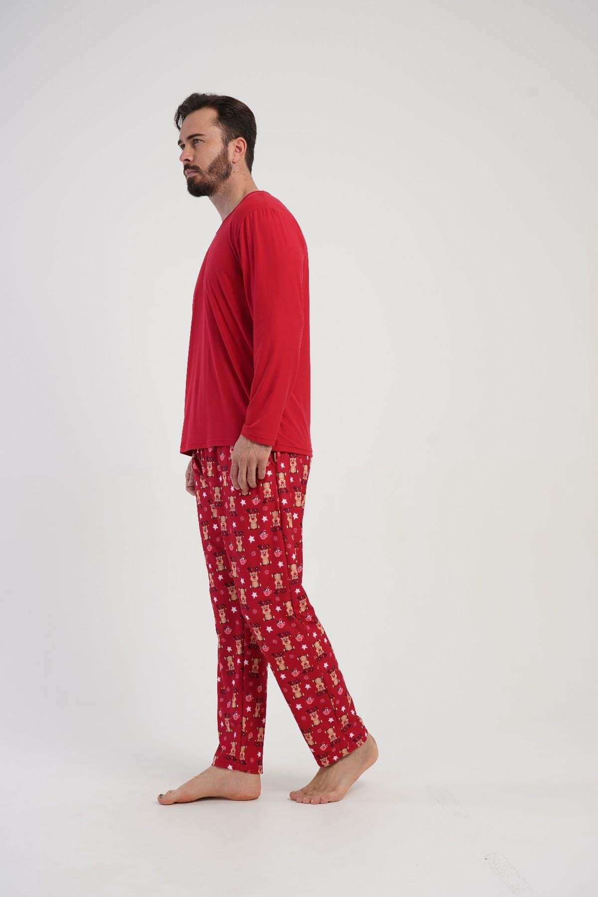 Erkek Kırmızı Marla Uzun Kol Pijama Üstü