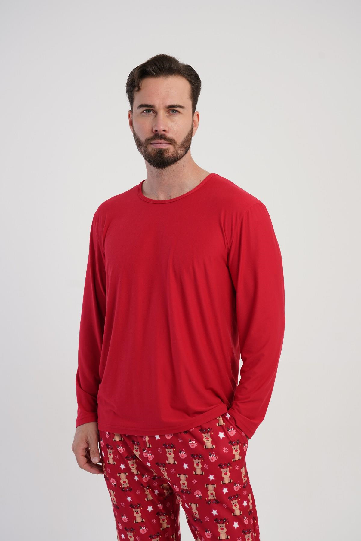 Erkek Kırmızı Marla Uzun Kol Pijama Üstü