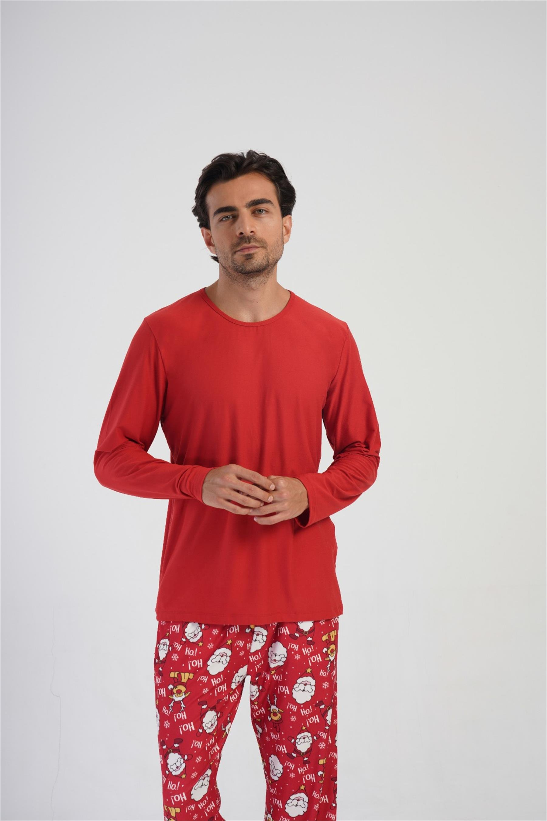 Erkek Kırmızı O Yaka Uzun Kol Pijama Üstü