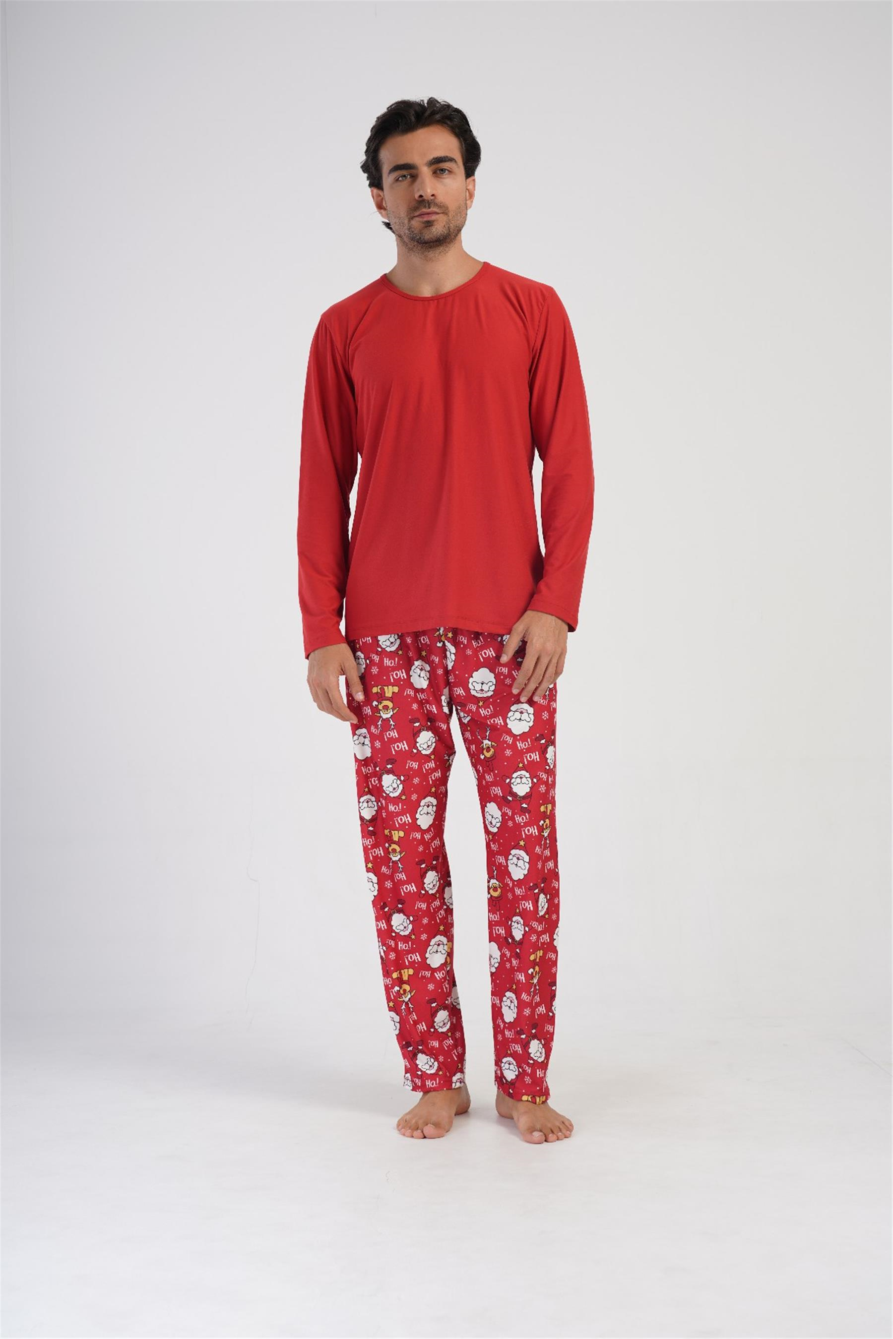 Erkek Kırmızı O Yaka Uzun Kol Pijama Üstü