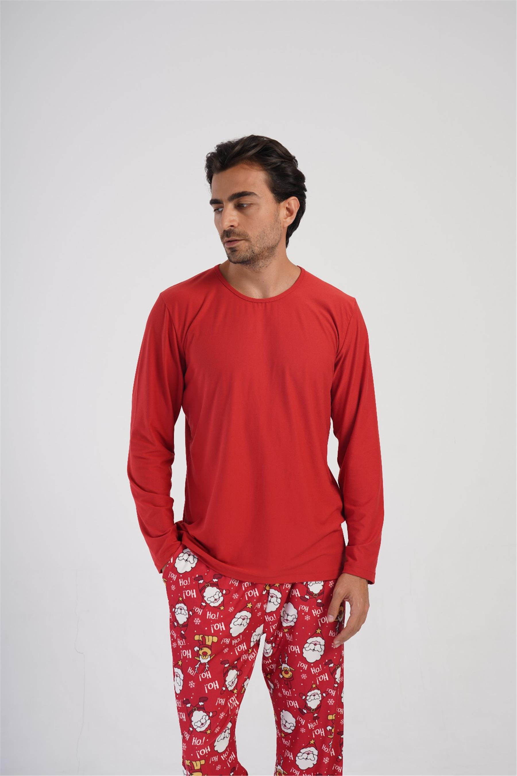 Erkek Kırmızı O Yaka Uzun Kol Pijama Üstü