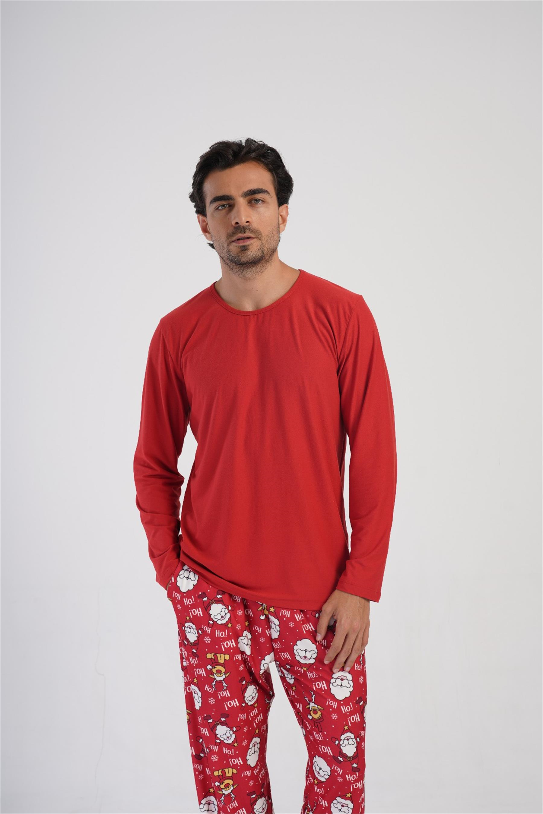 Erkek Kırmızı O Yaka Uzun Kol Pijama Üstü