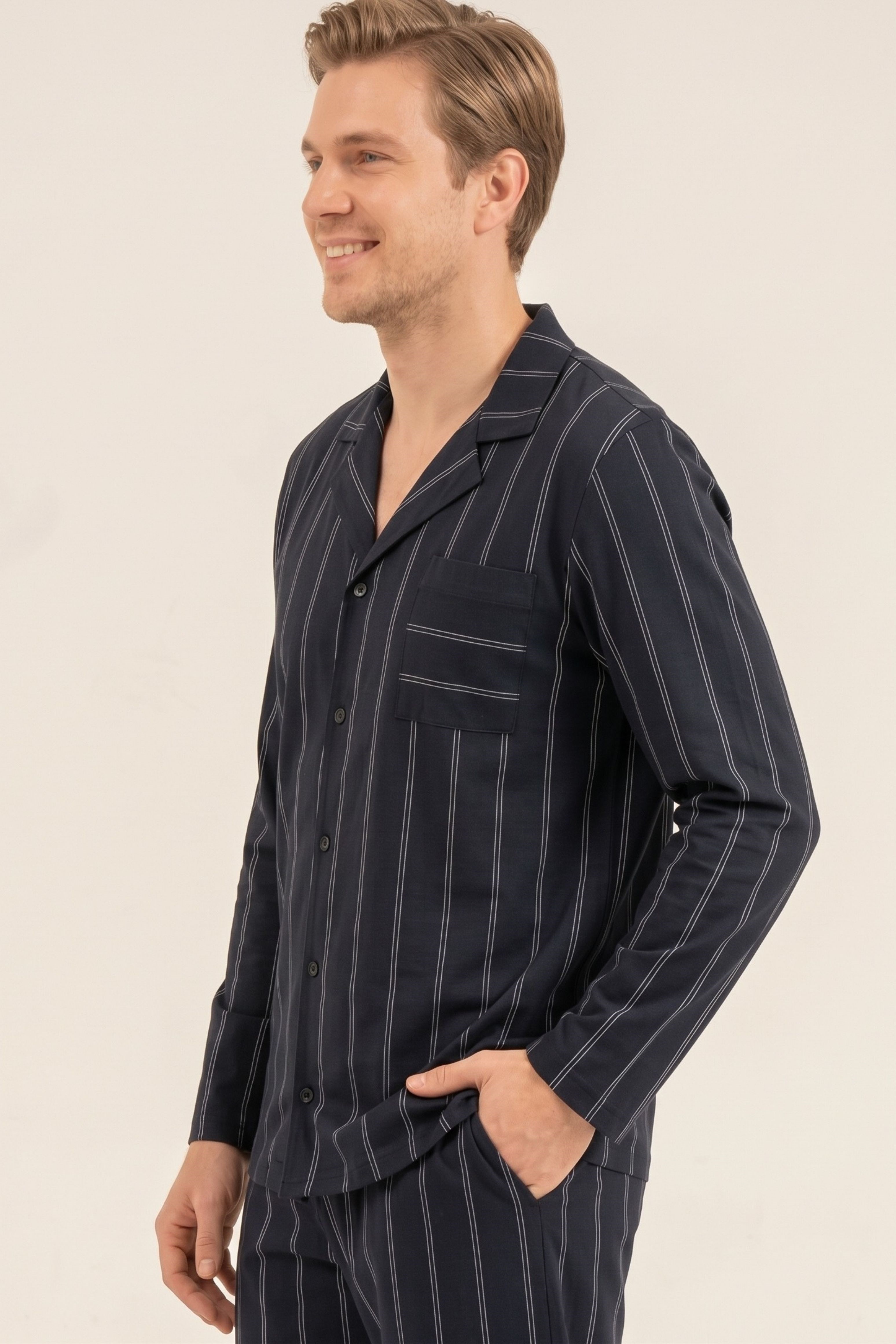 Erkek Lacivert Çizgili Gömlek Pijama Üstü