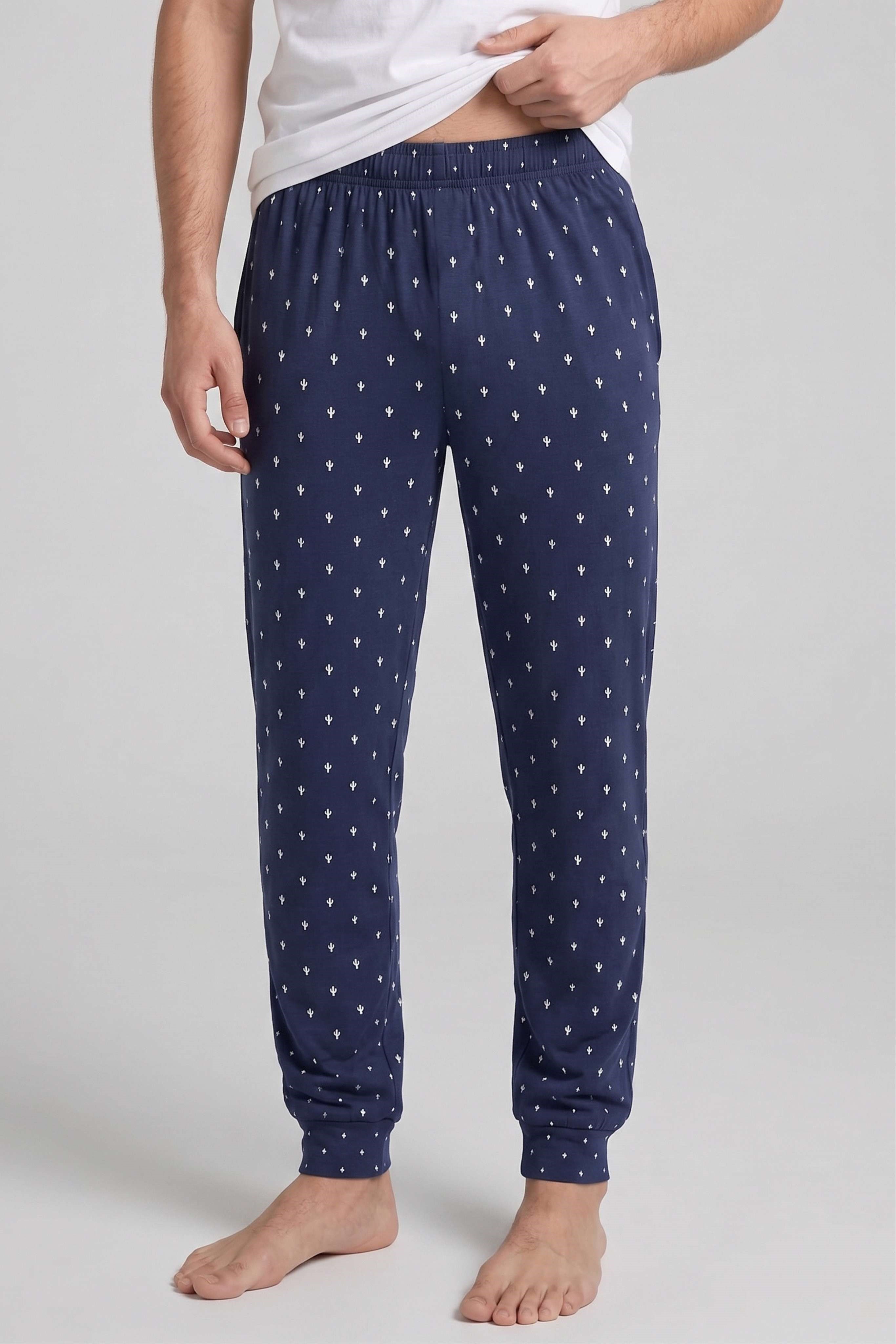 Erkek Lacivert Kaktüs Desen Bant Paça Pijama Altı