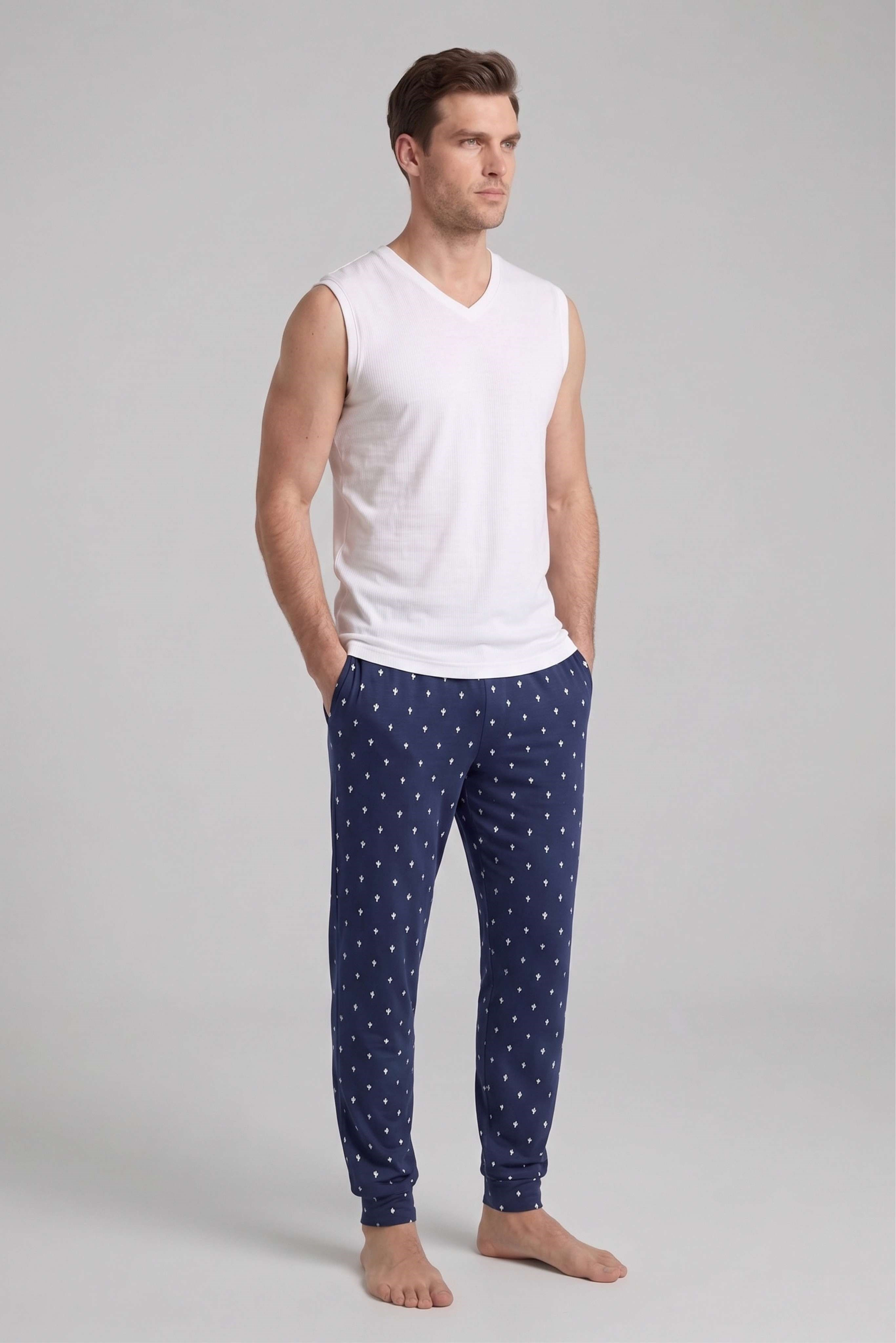 Erkek Lacivert Kaktüs Desen Bant Paça Pijama Altı