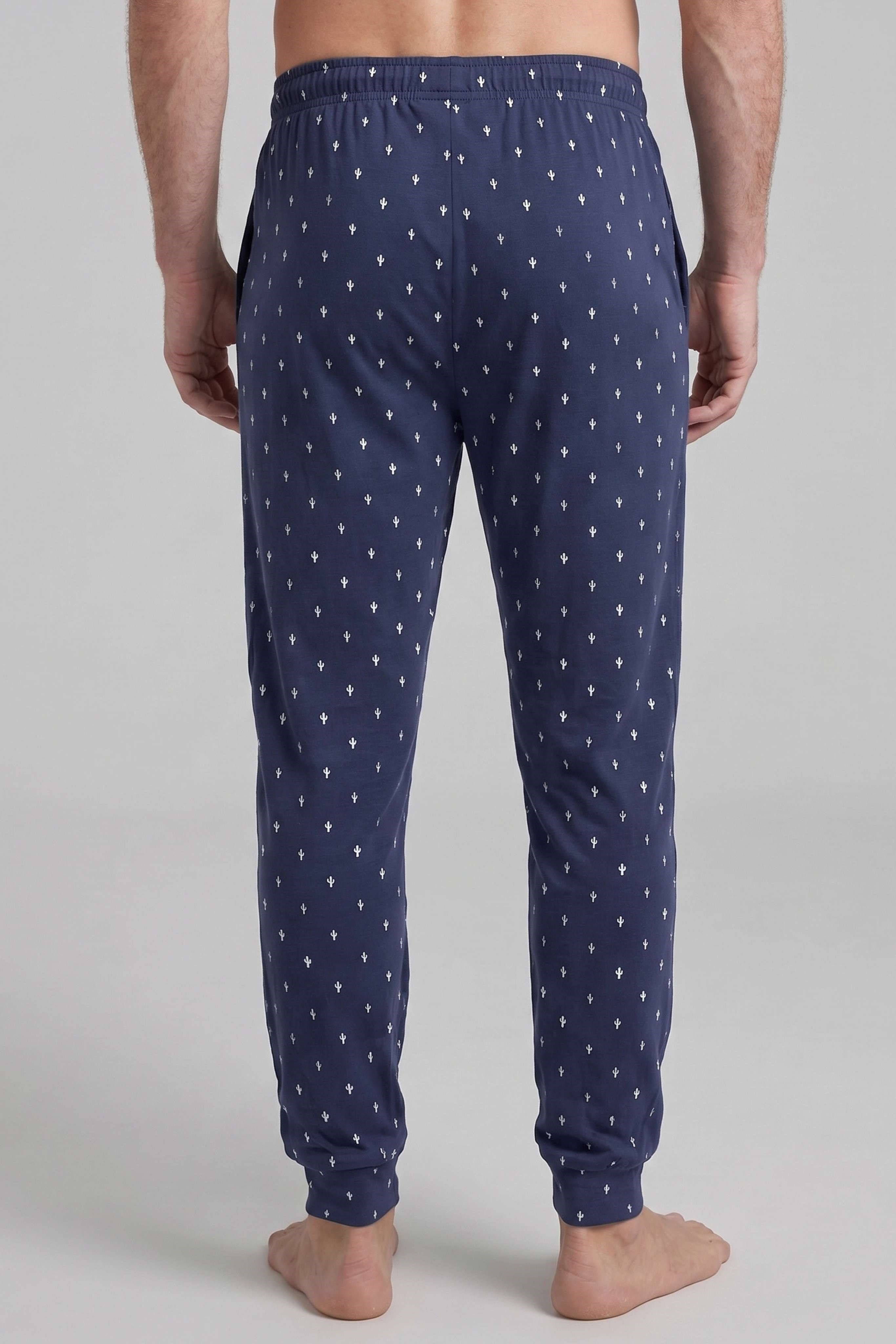 Erkek Lacivert Kaktüs Desen Bant Paça Pijama Altı