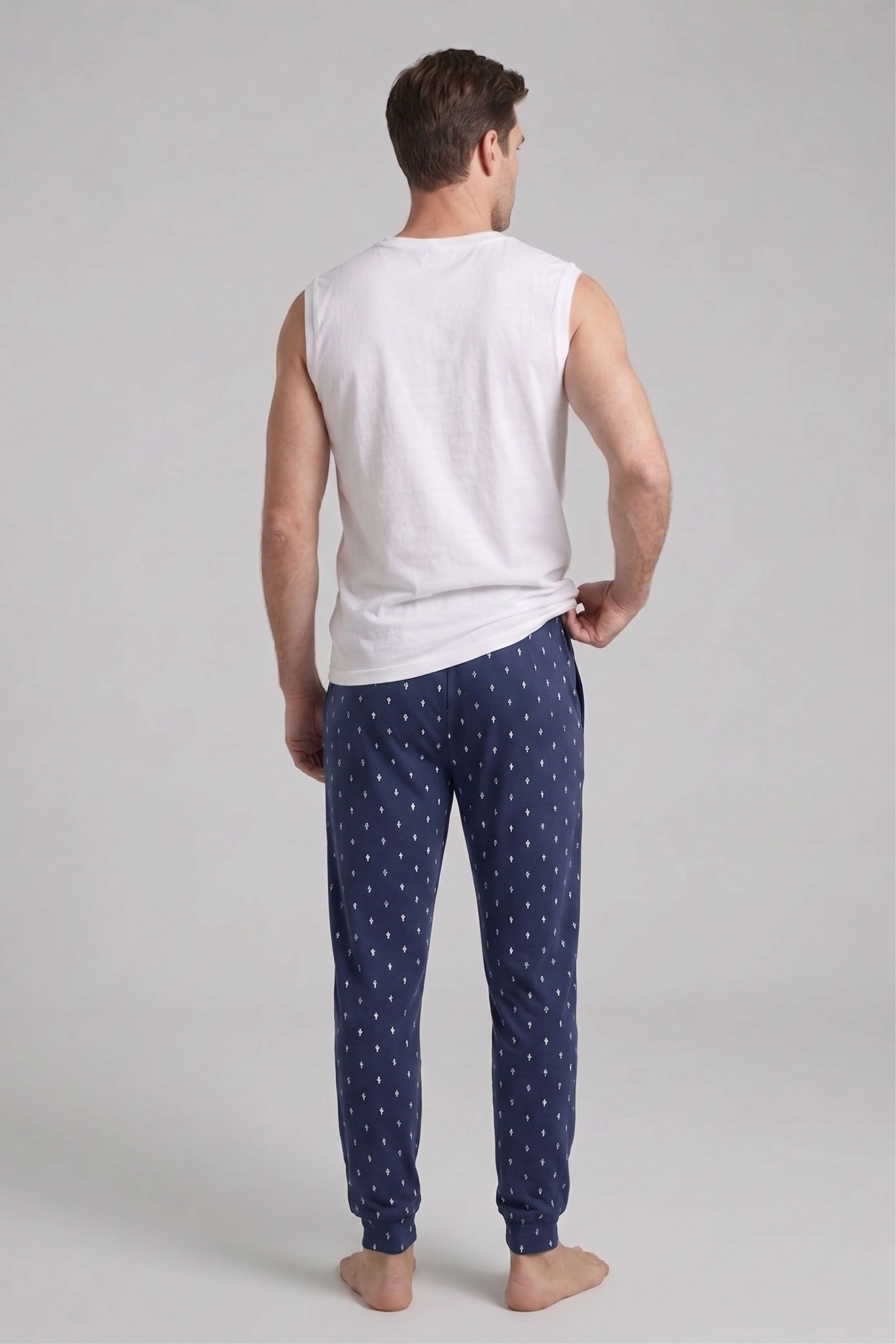 Erkek Lacivert Kaktüs Desen Bant Paça Pijama Altı