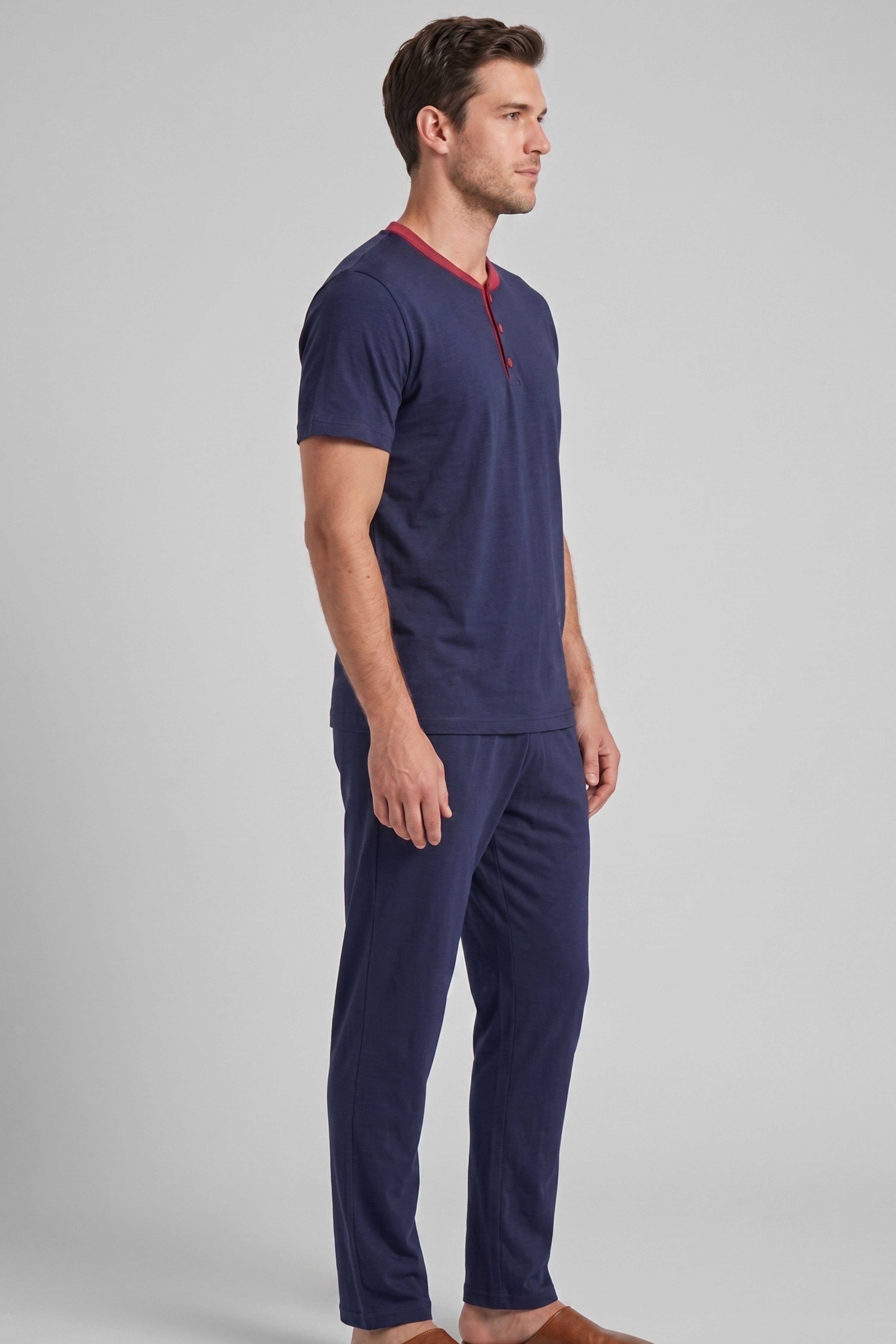 Erkek Lacivert Yakası Düğme Detay Pijama Takımı