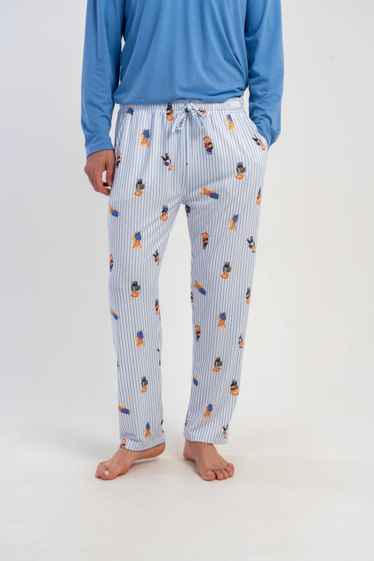 Erkek Mavi Likra Polyvıscon Cepli Pijama Altı