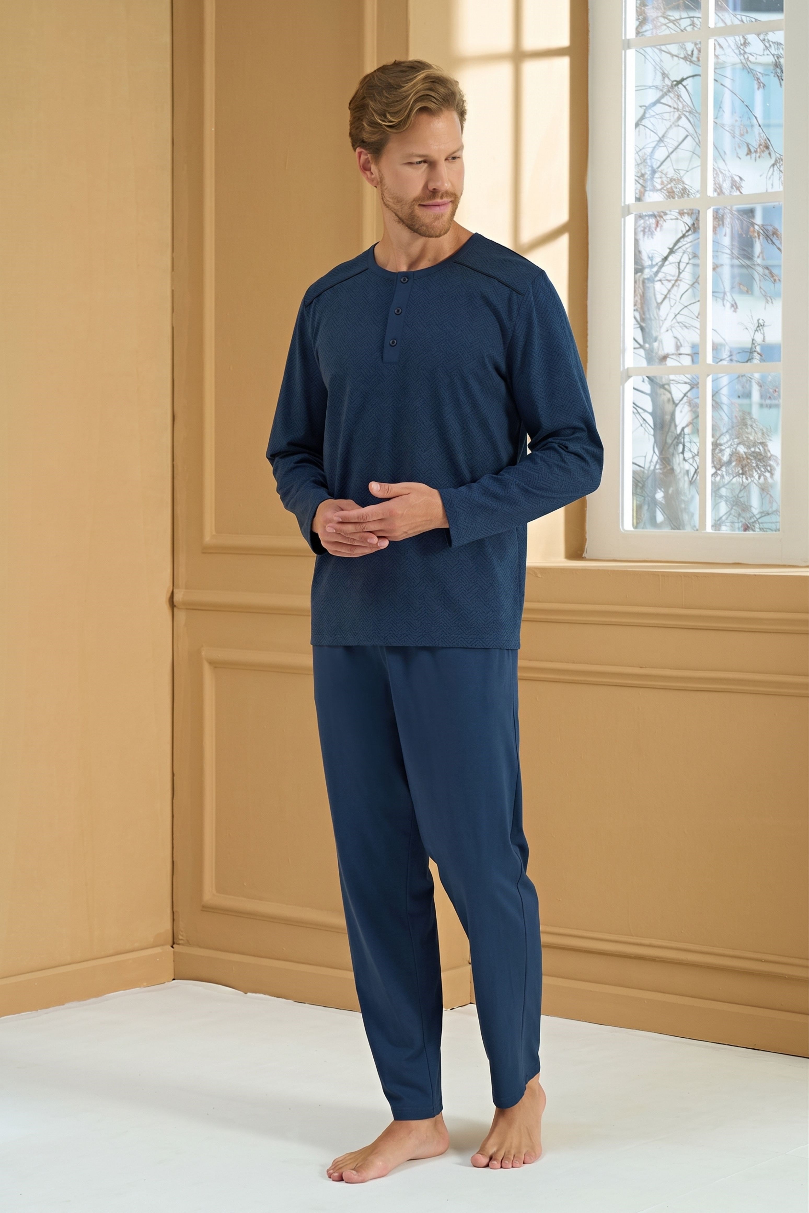 Erkek Mavi Önden Düğmeli Pijama Altı