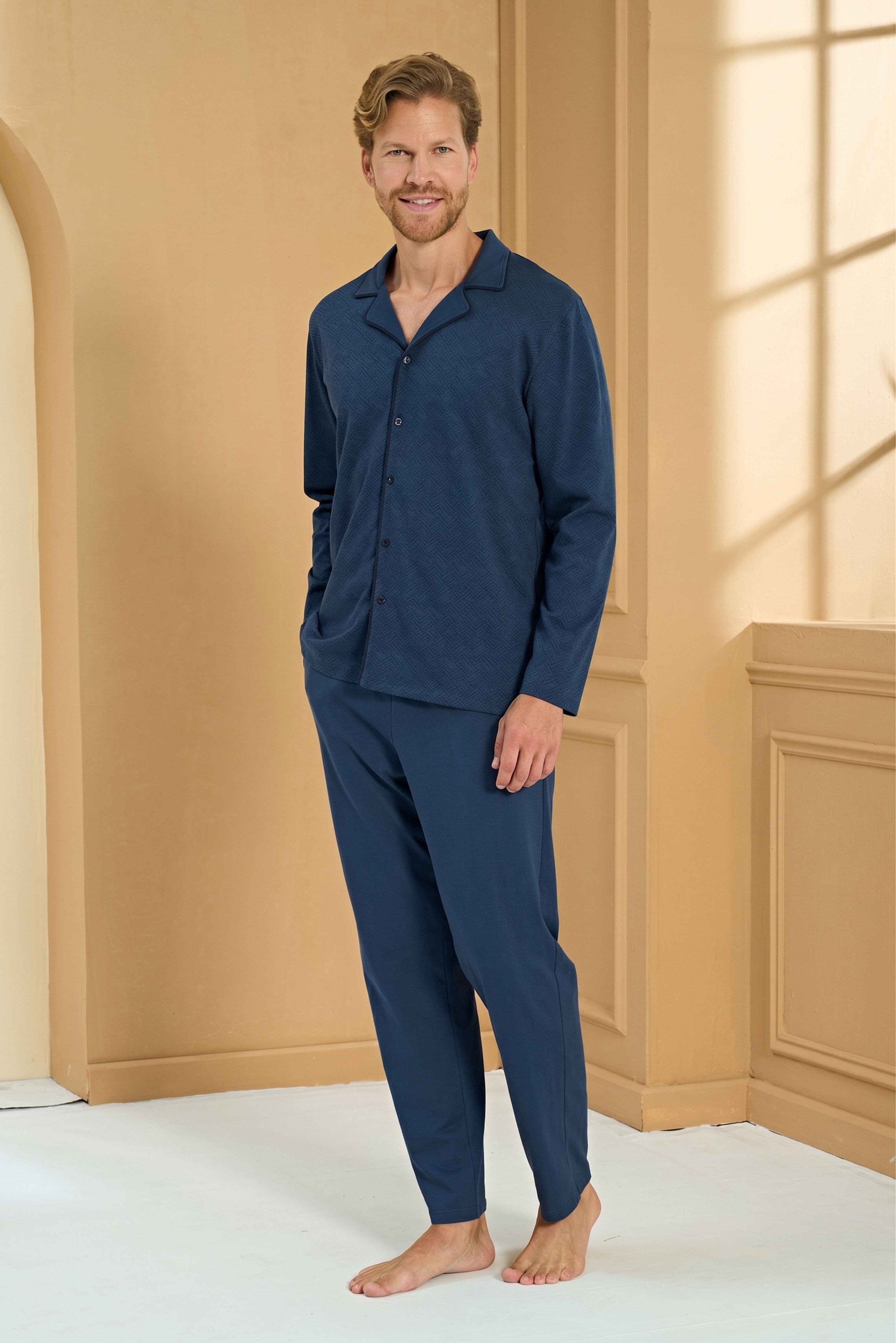 Erkek Mavi Önden Düğmeli Pijama Altı