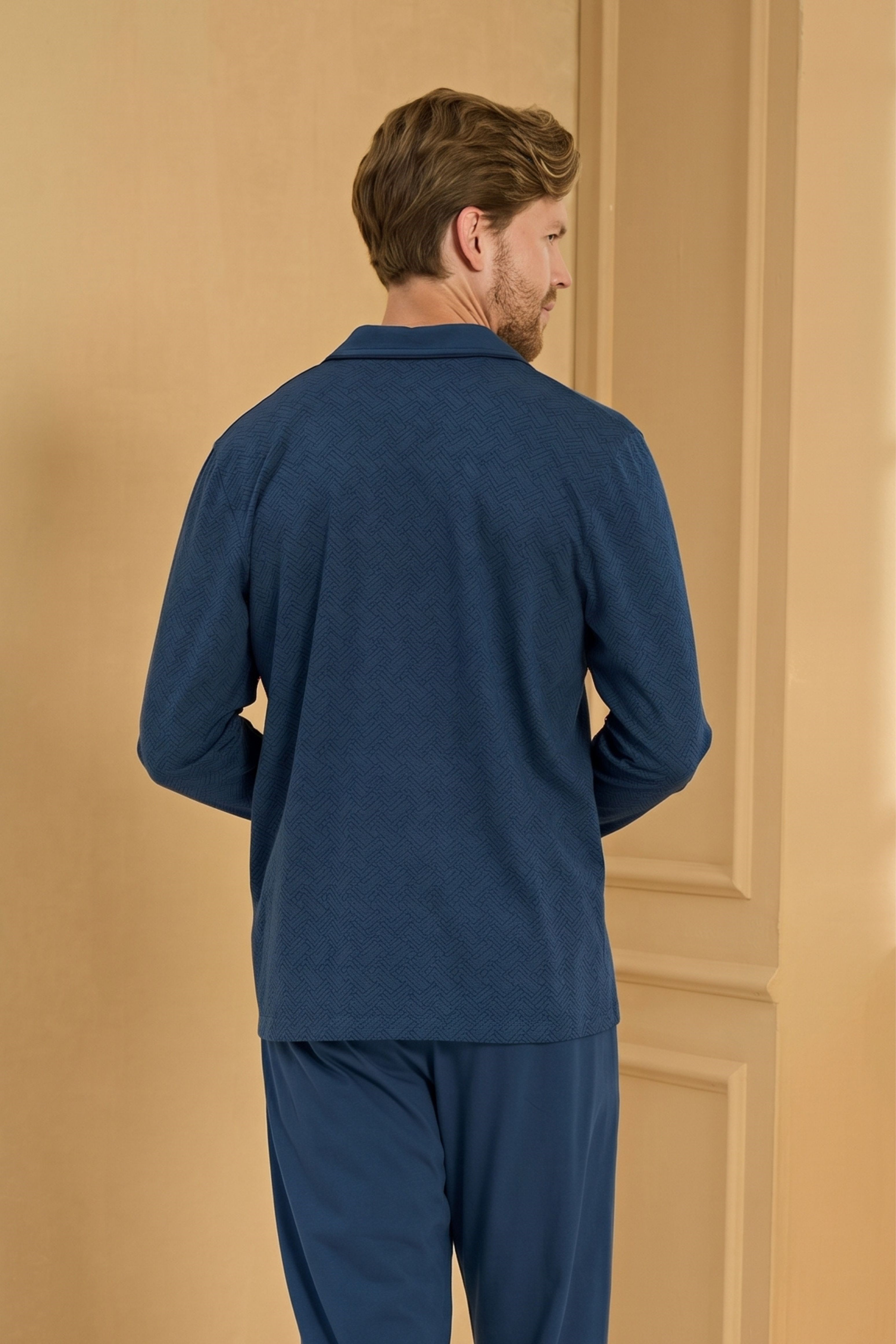 Erkek Mavi Önden Düğmeli Pijama Üstü