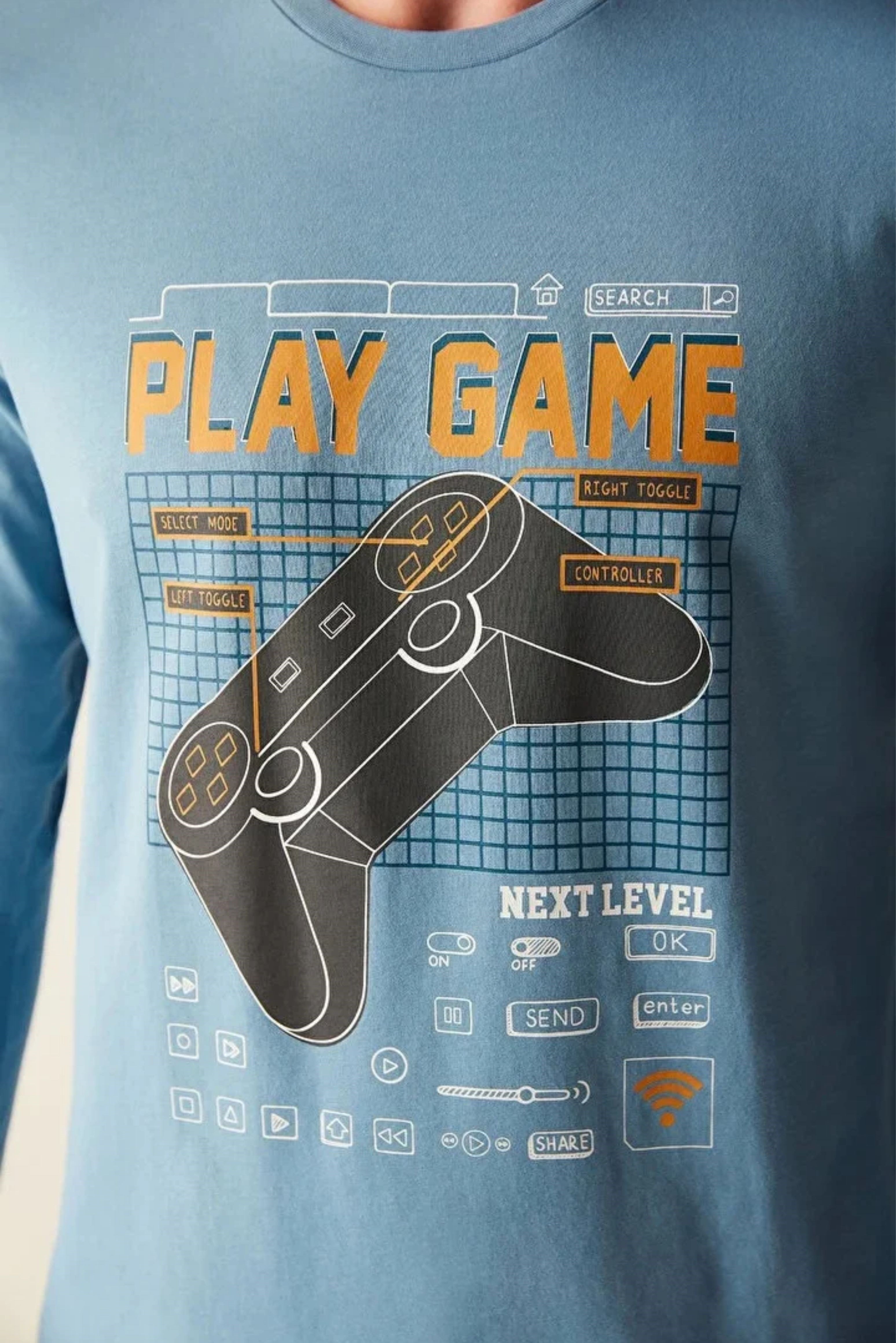 Erkek Mavi Play Game Yazılı Pijama Üstü