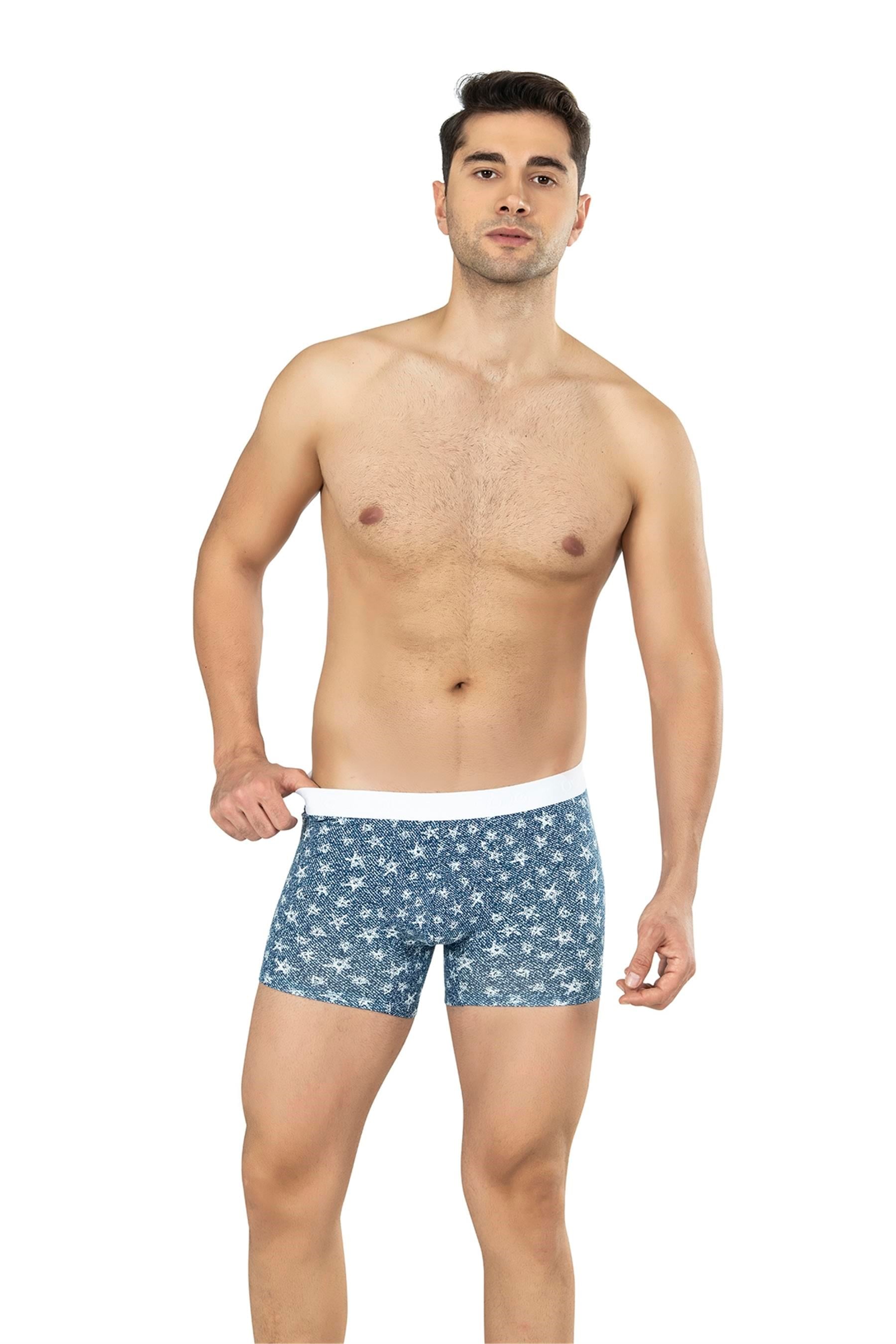 Erkek Mavi Yıldız Desen Zikzaklı Cotton Boxer