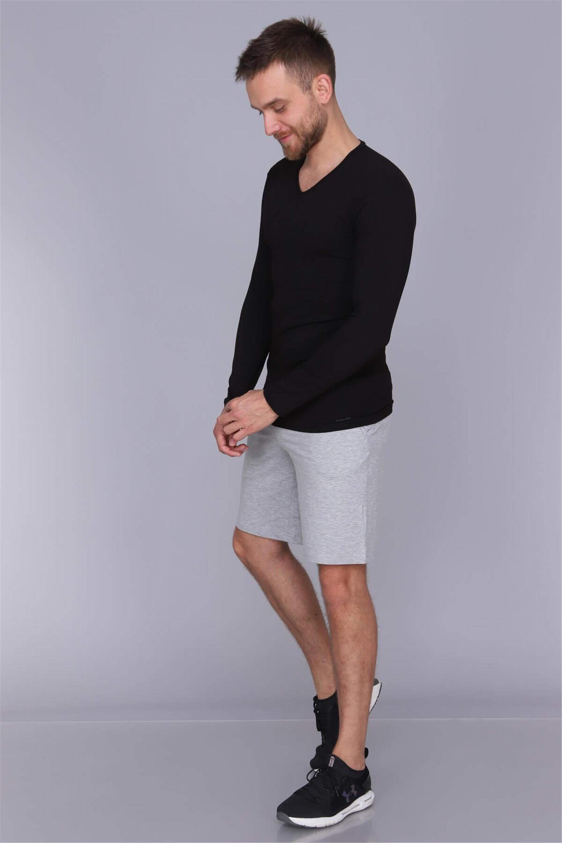 Erkek Siyah Likralı Cotton V Yaka Uzun Kollu Fanila