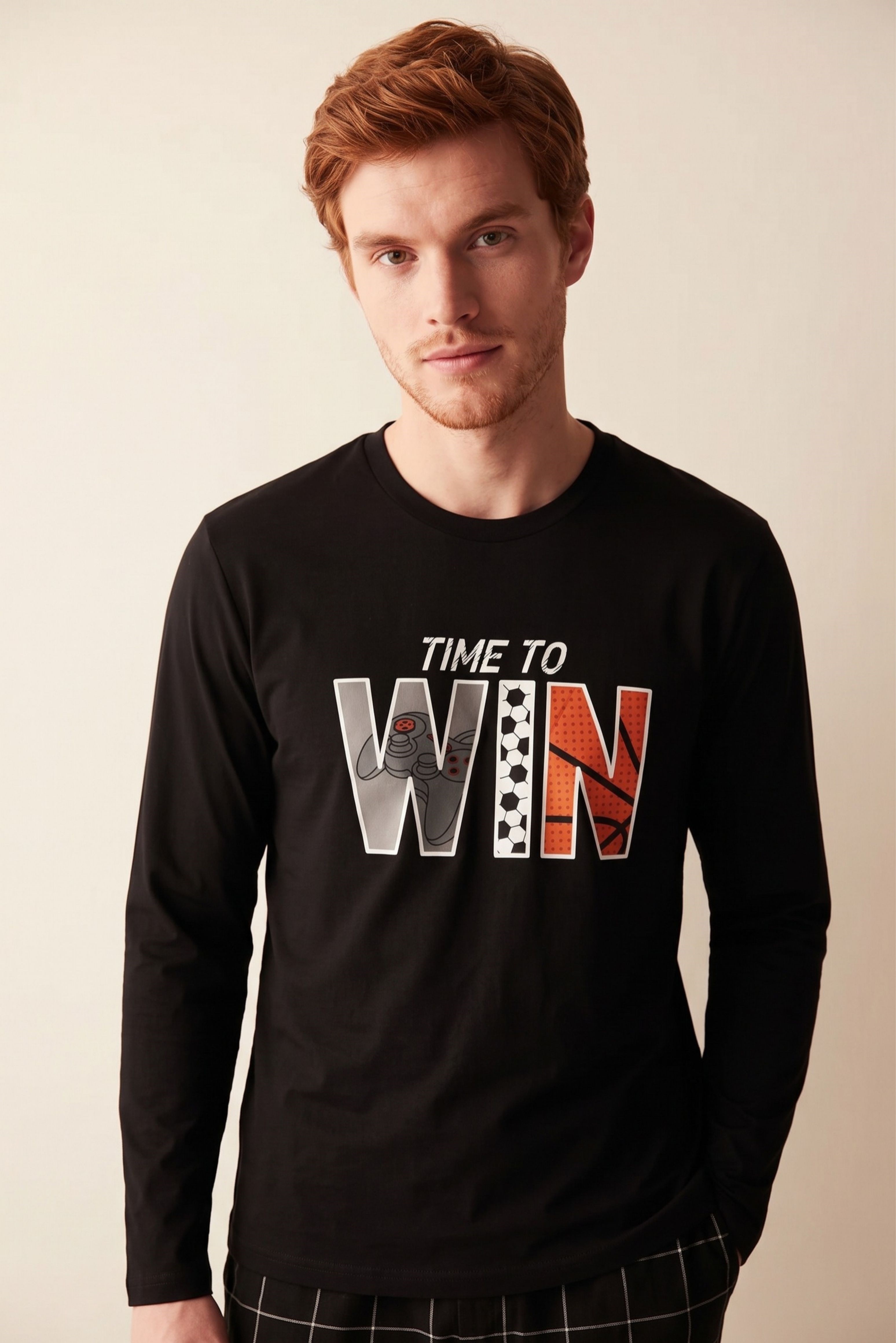 Erkek Siyah Win Uzun Kol Pijama Üstü