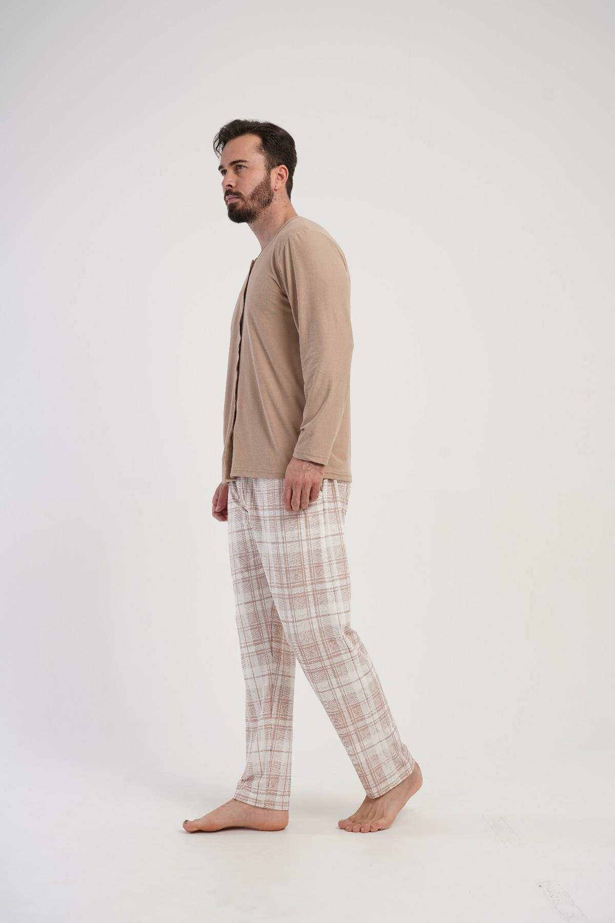 Erkek Sütlü Kahve Cepli Battal Uzun Pijama Altı