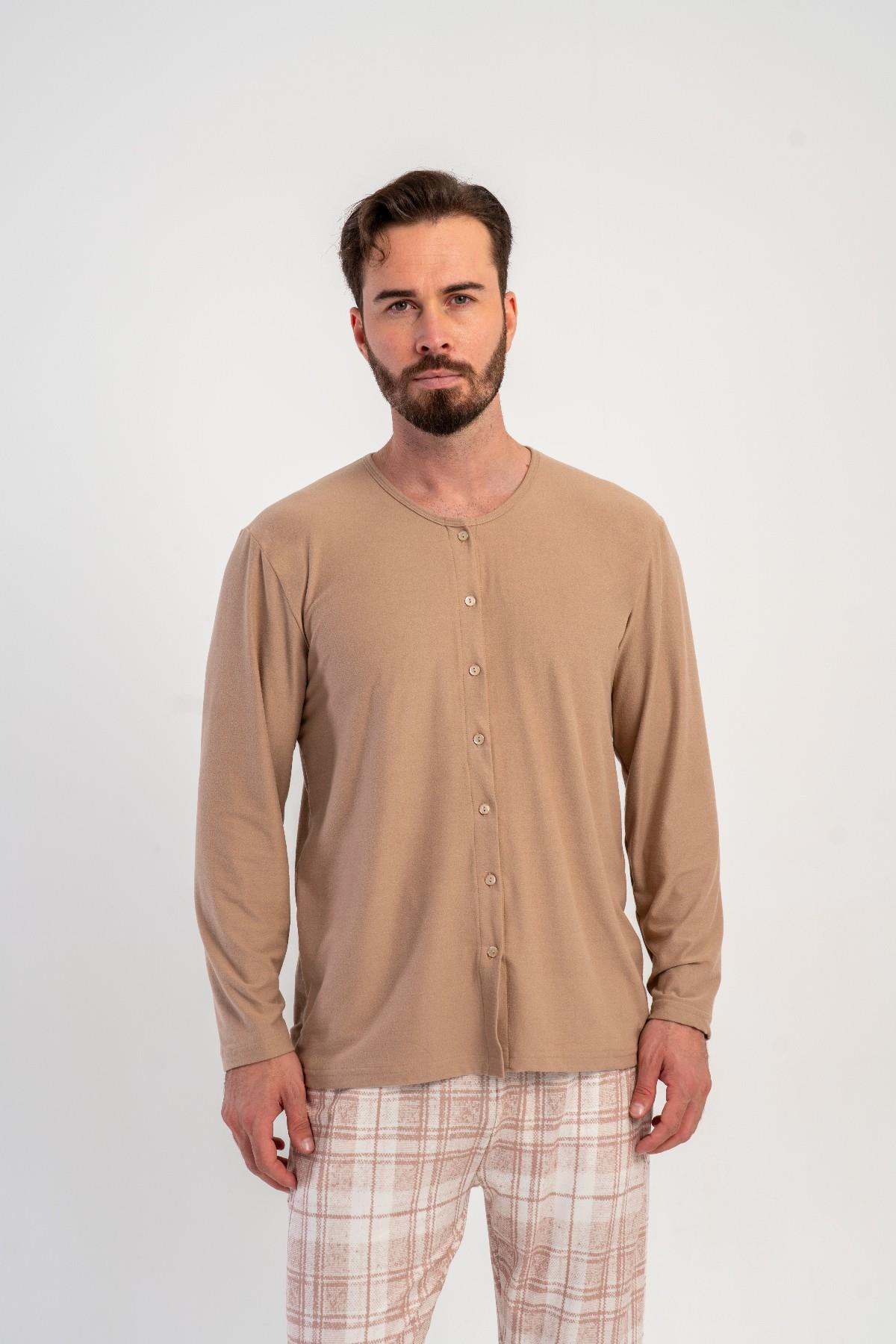 Erkek Sütlü Kahve Düğmeli Battal Pijama Üstü