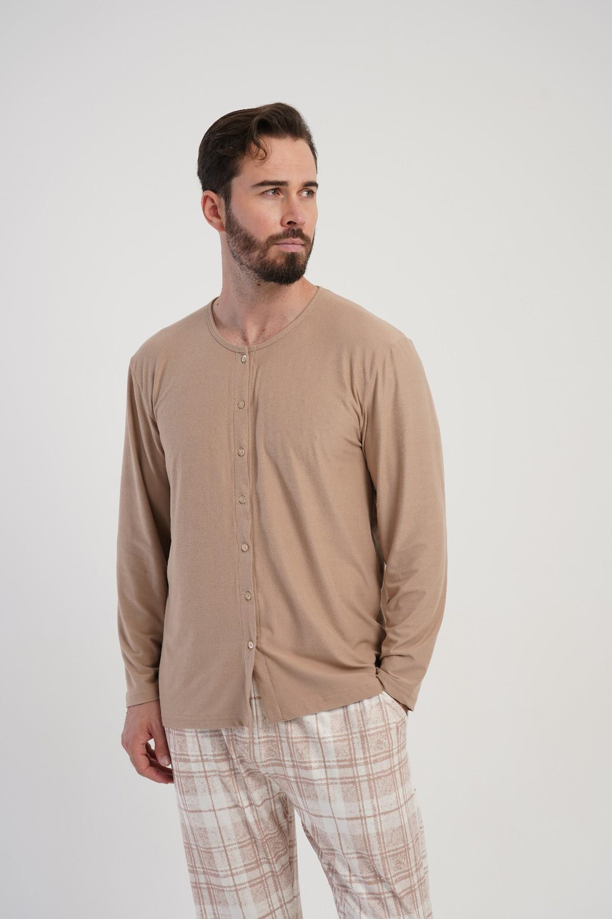 Erkek Sütlü Kahve Düğmeli Battal Pijama Üstü