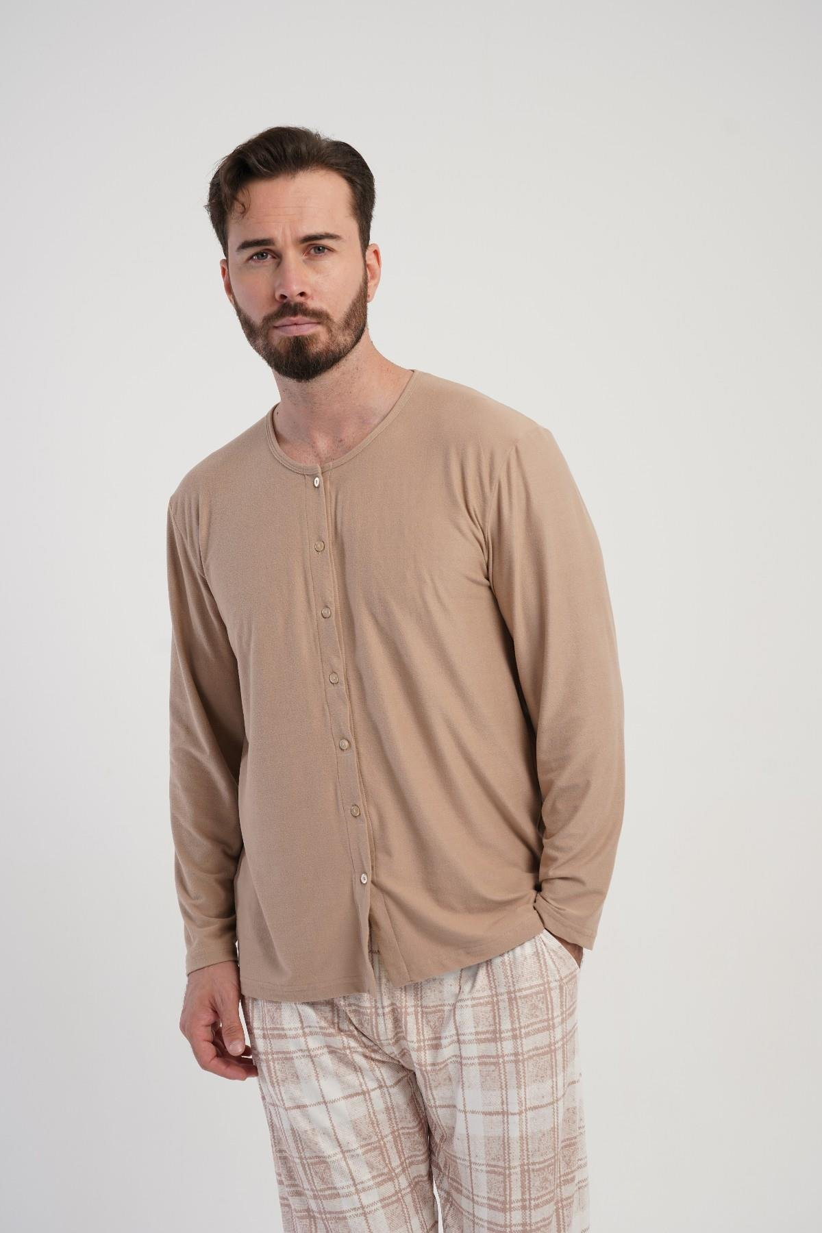 Erkek Sütlü Kahve Düğmeli Battal Pijama Üstü