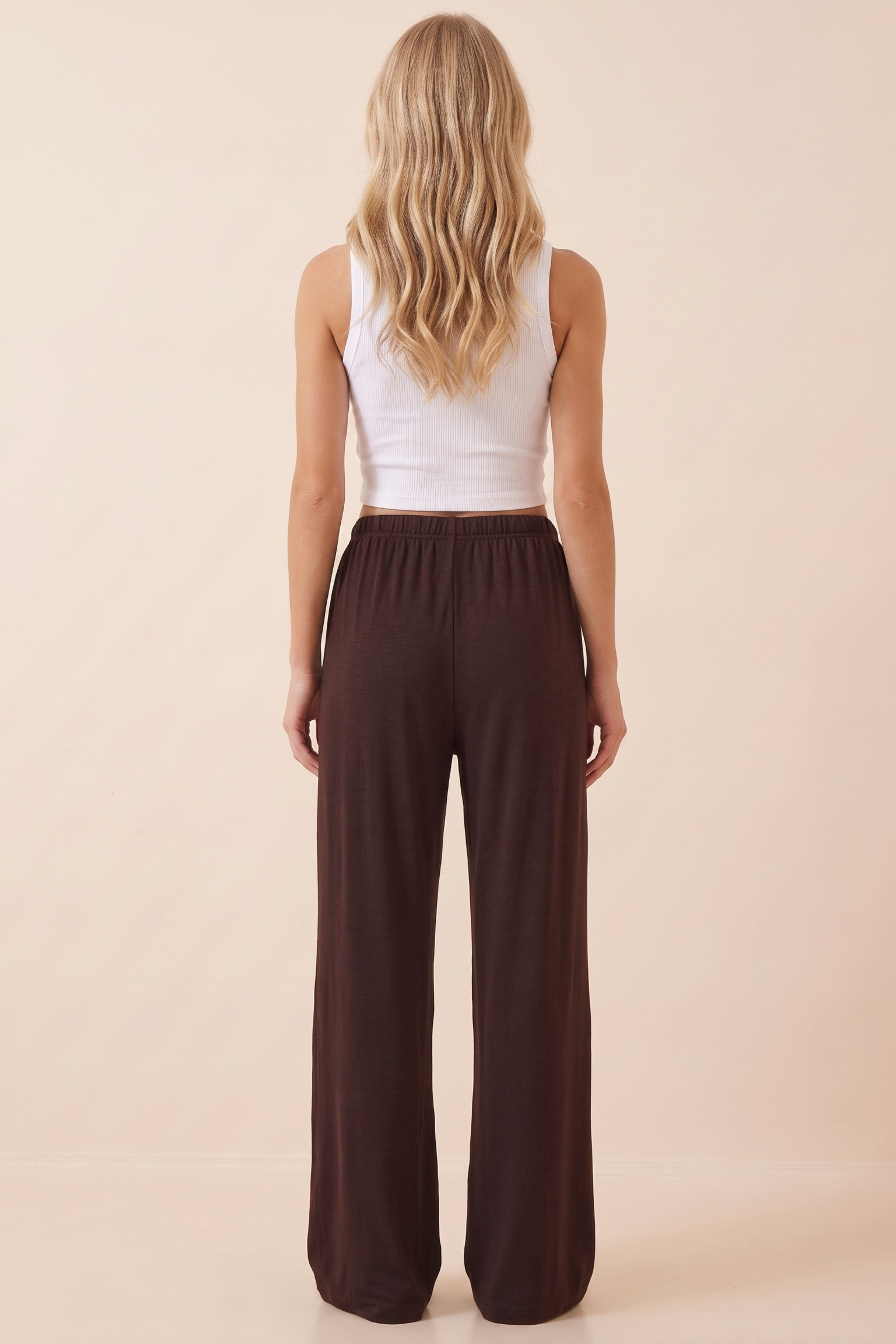 Kadın Acı Kahve Beli Lastikli Bağcıklı Bol Paça Pantolon