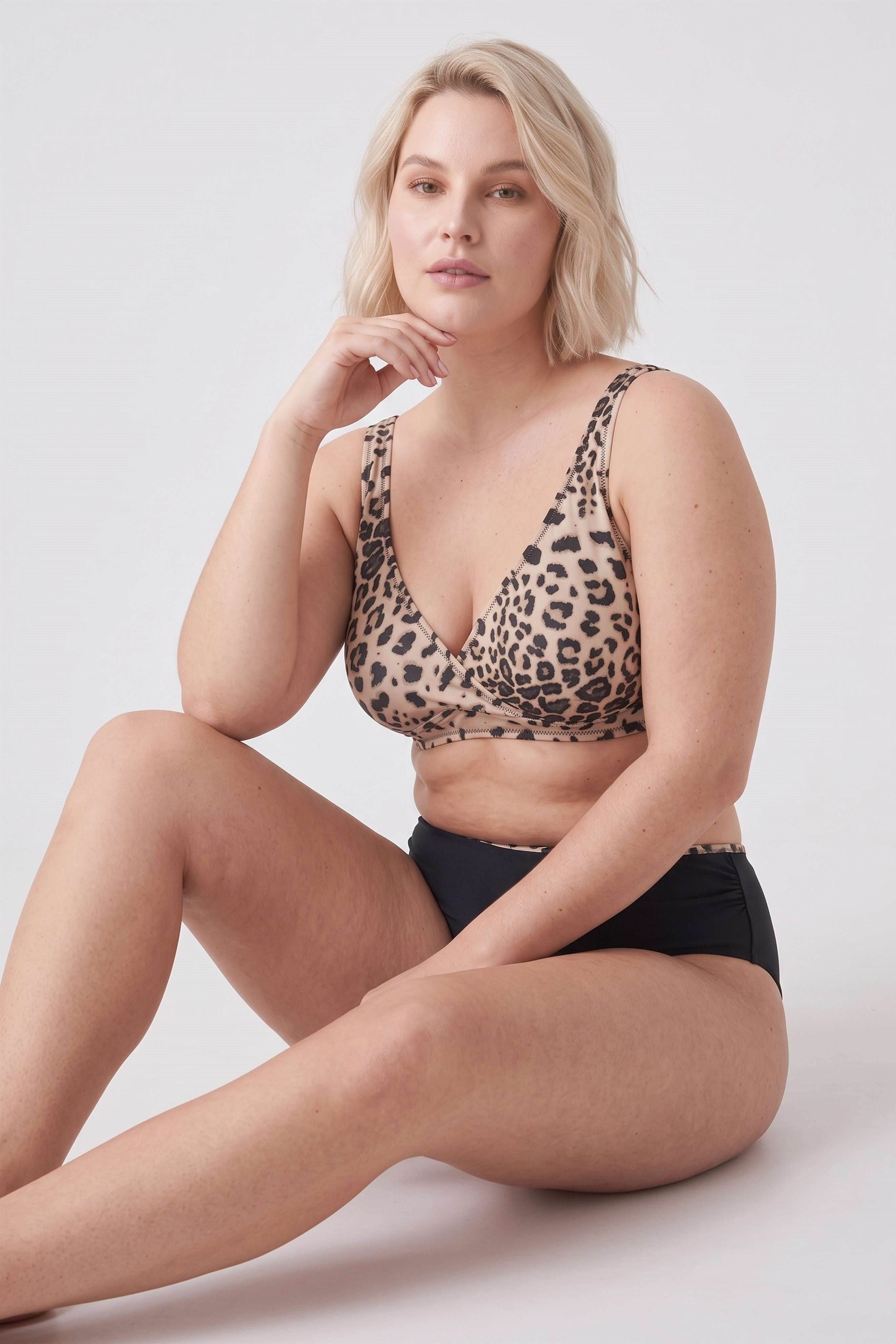 Kadın Battal Leopar Desen Kruvaze Toparlayıcı Yüksek Bel Bikini Takım