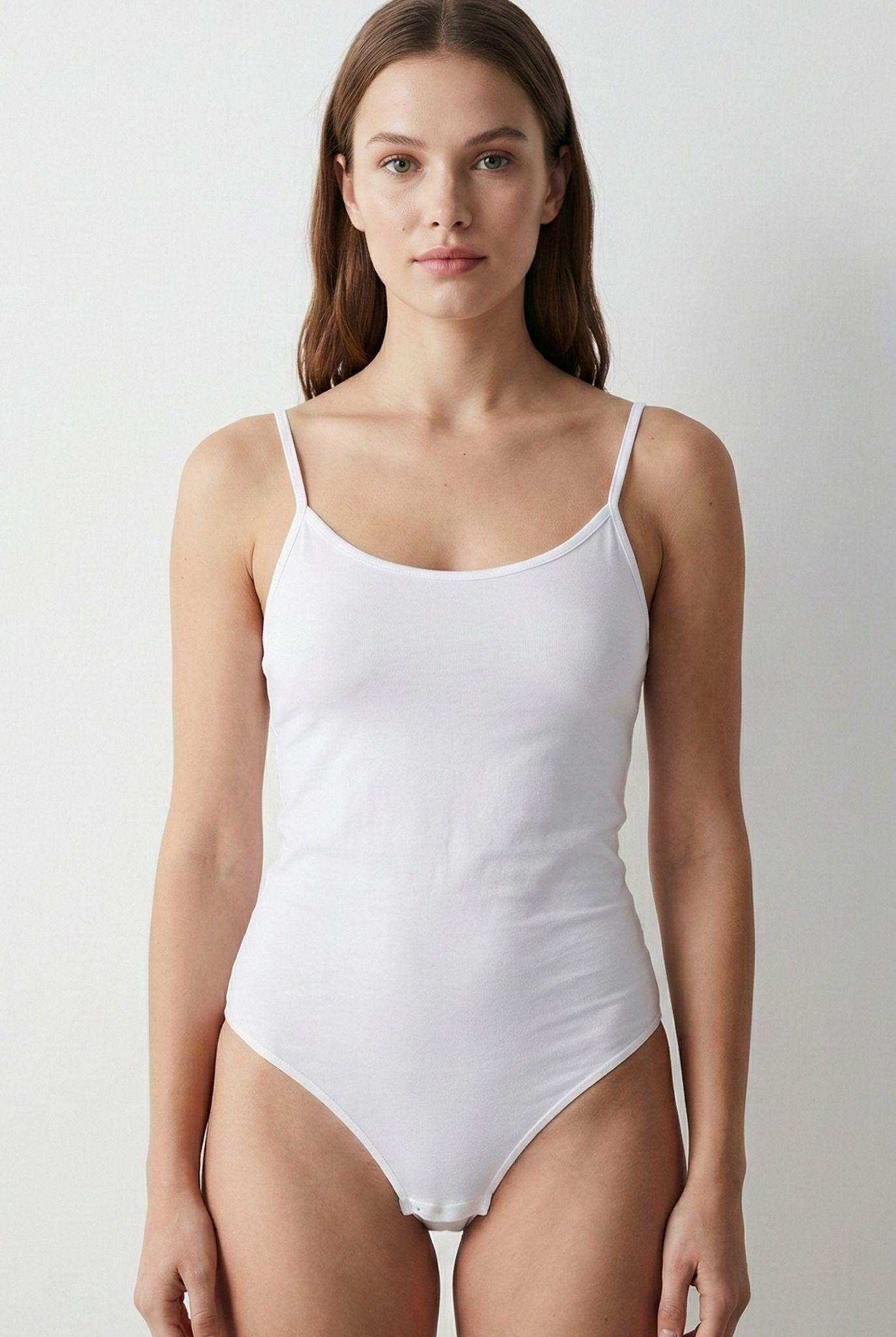 Kadın Beyaz Cotton İp Askılı Çıtçıtlı Body