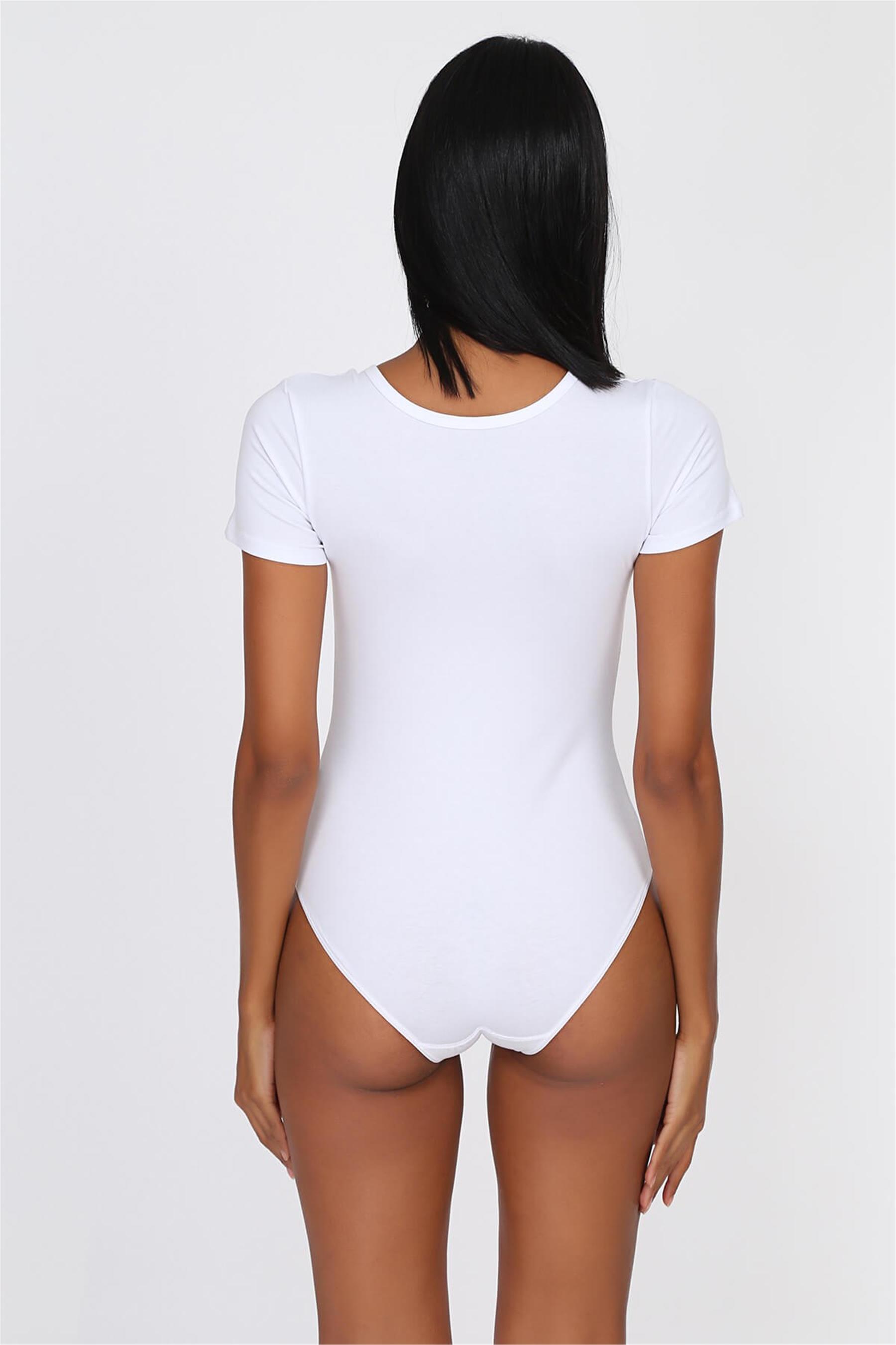 Kadın Beyaz Cotton Yarım Kol Çıtçıtlı Body