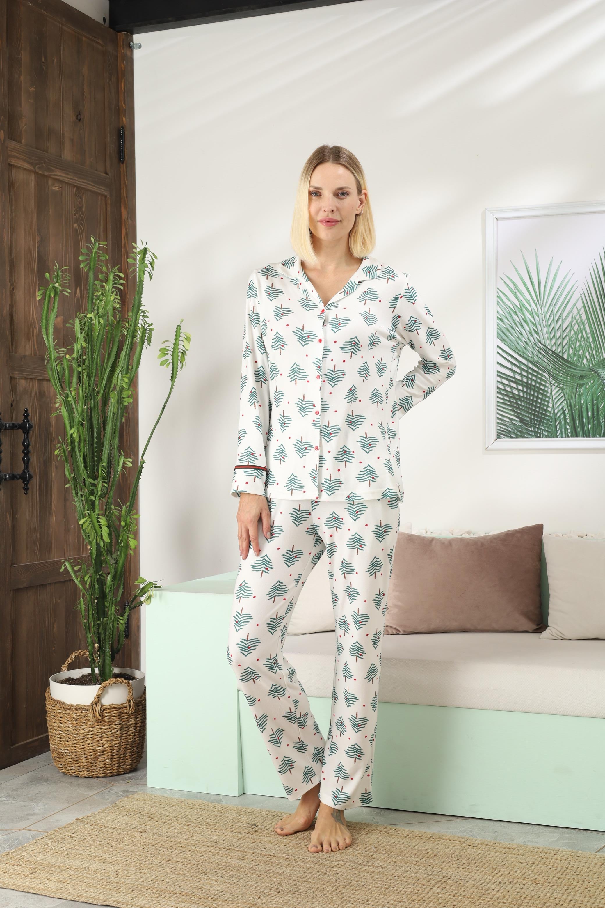 Kadın Beyaz Üzeri Ağaç Desen Pijama Altı