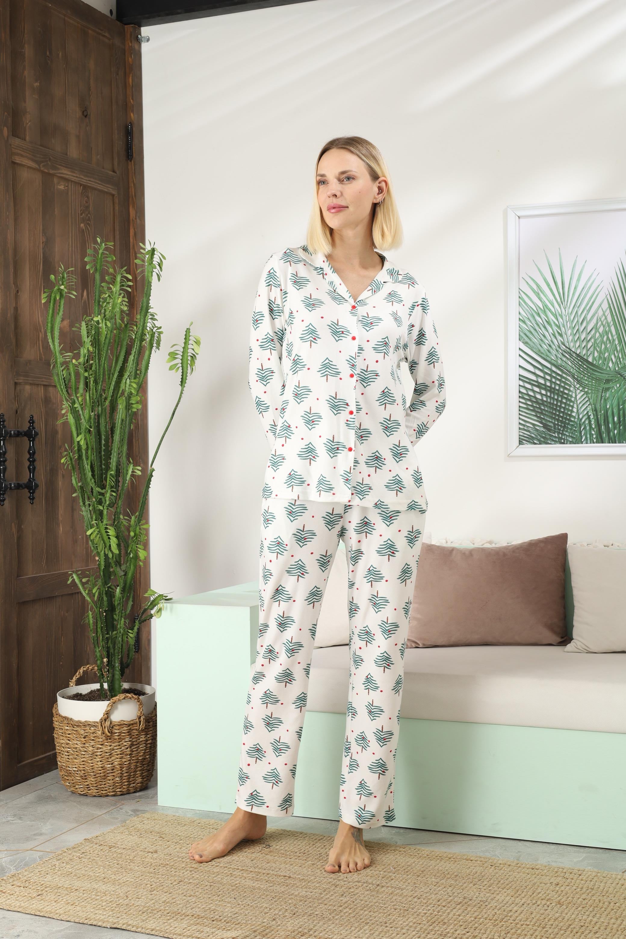 Kadın Beyaz Üzeri Ağaç Desen Pijama Altı