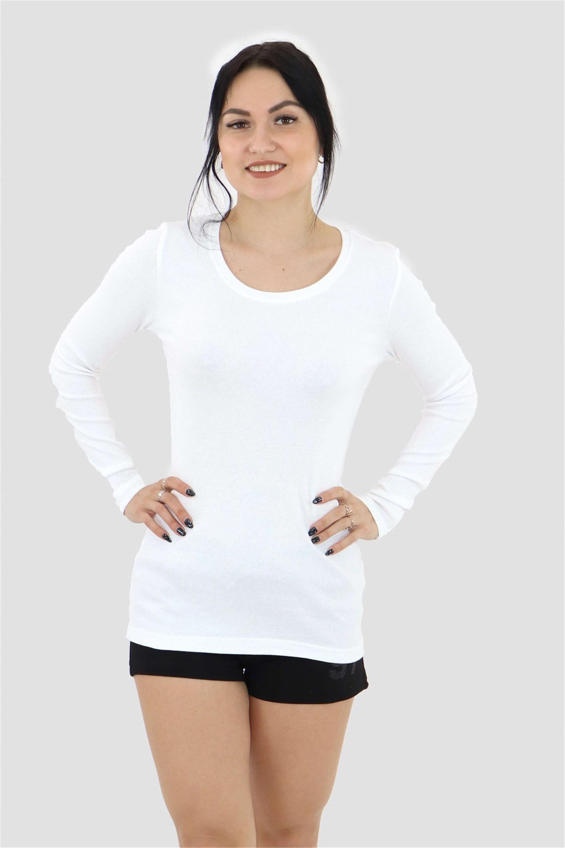 Kadın Beyaz Uzun Kol Sıfır Yaka Body