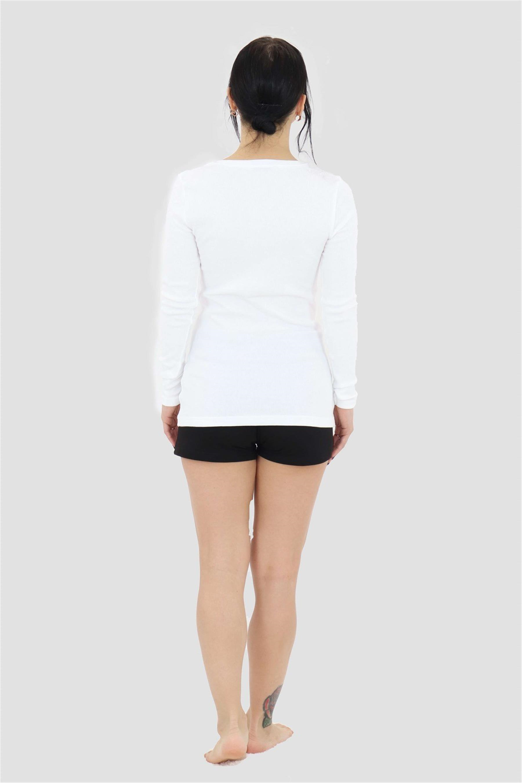 Kadın Beyaz Uzun Kol Sıfır Yaka Body