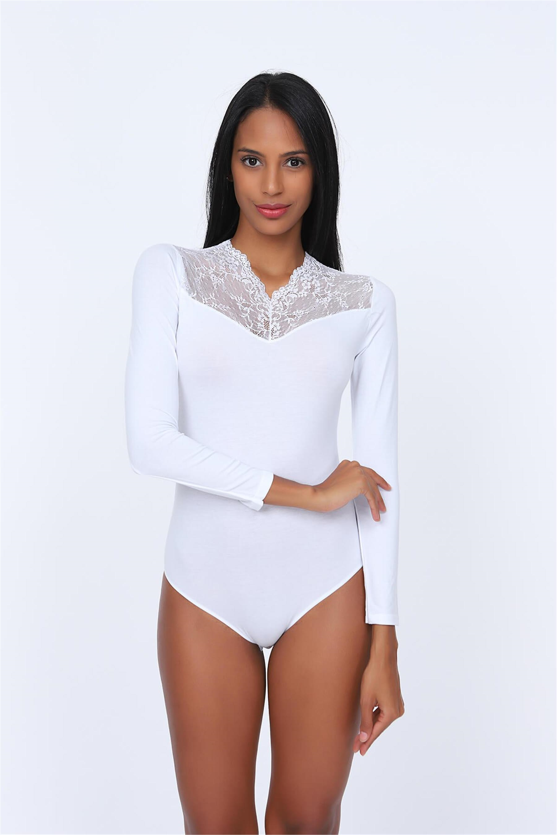 Kadın Beyaz V Yaka Çıtçıtlı Body