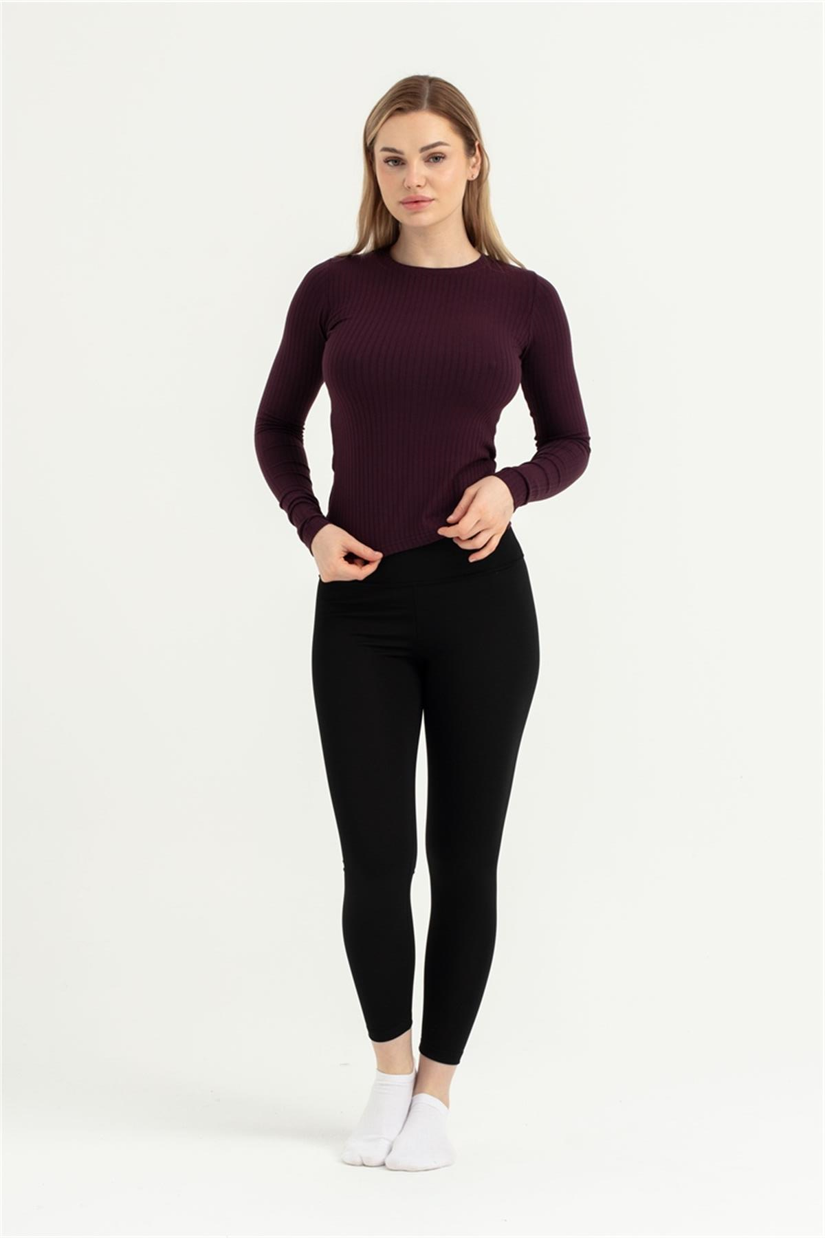 Kadın Bordo 0 Yaka Uzun Kol Body