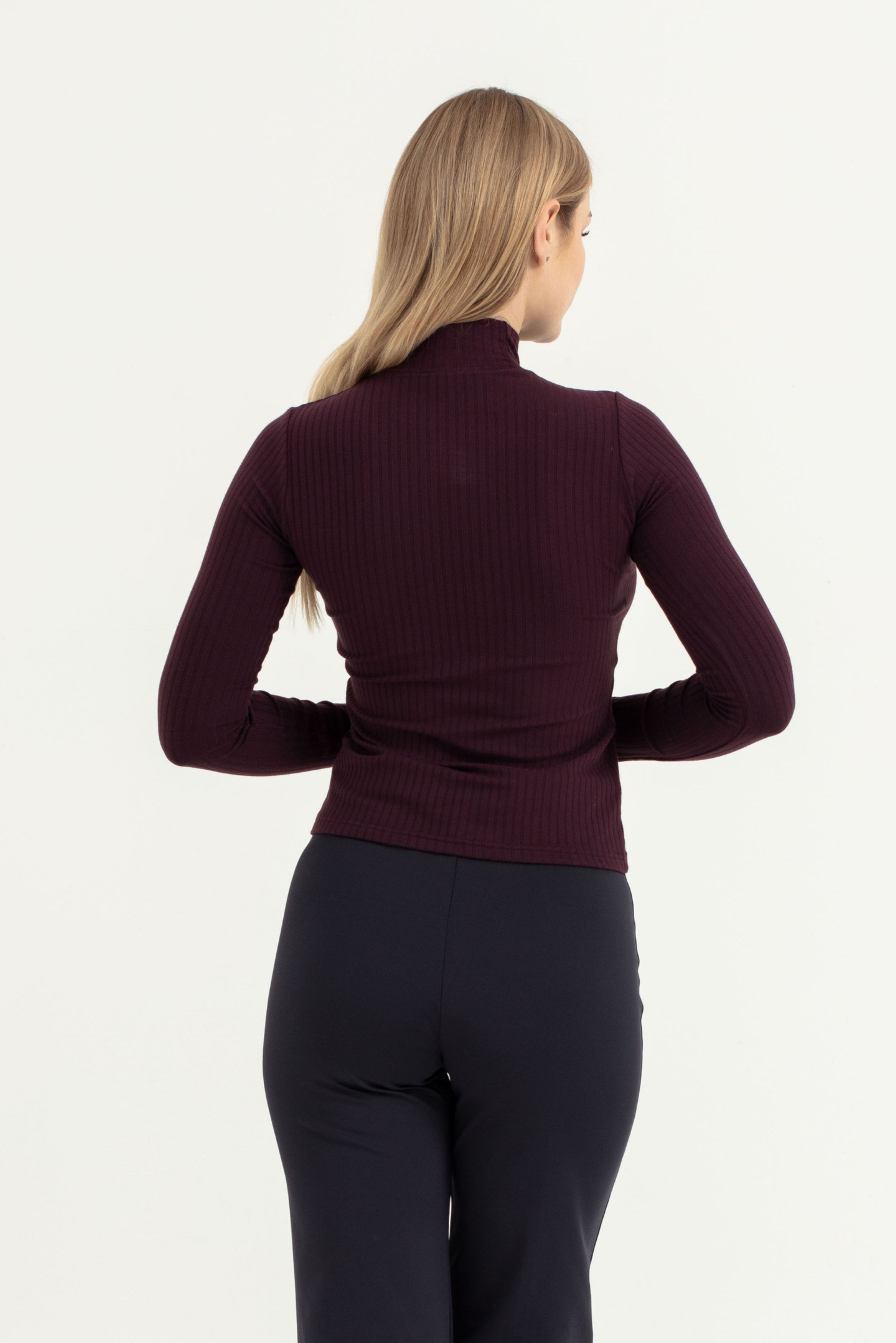 Kadın Bordo Dik Yaka Uzun Kol Body