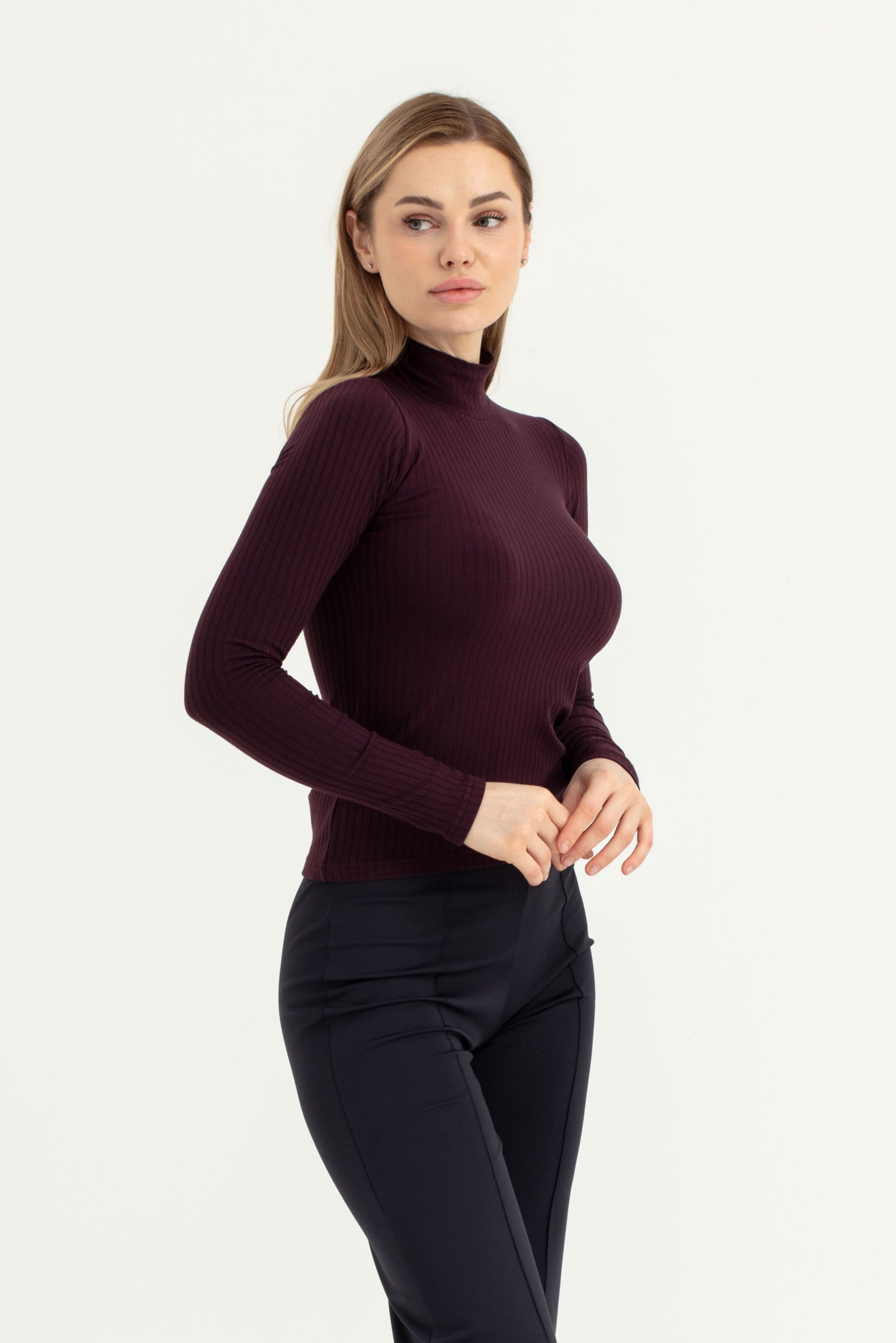 Kadın Bordo Dik Yaka Uzun Kol Body