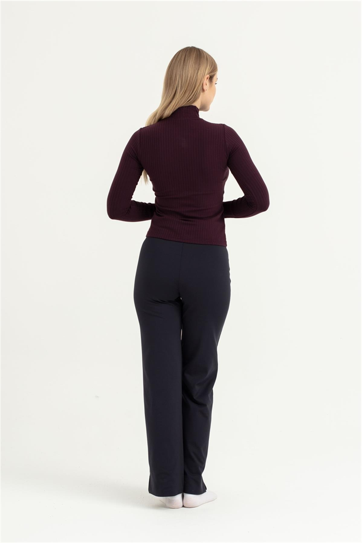 Kadın Bordo Dik Yaka Uzun Kol Body