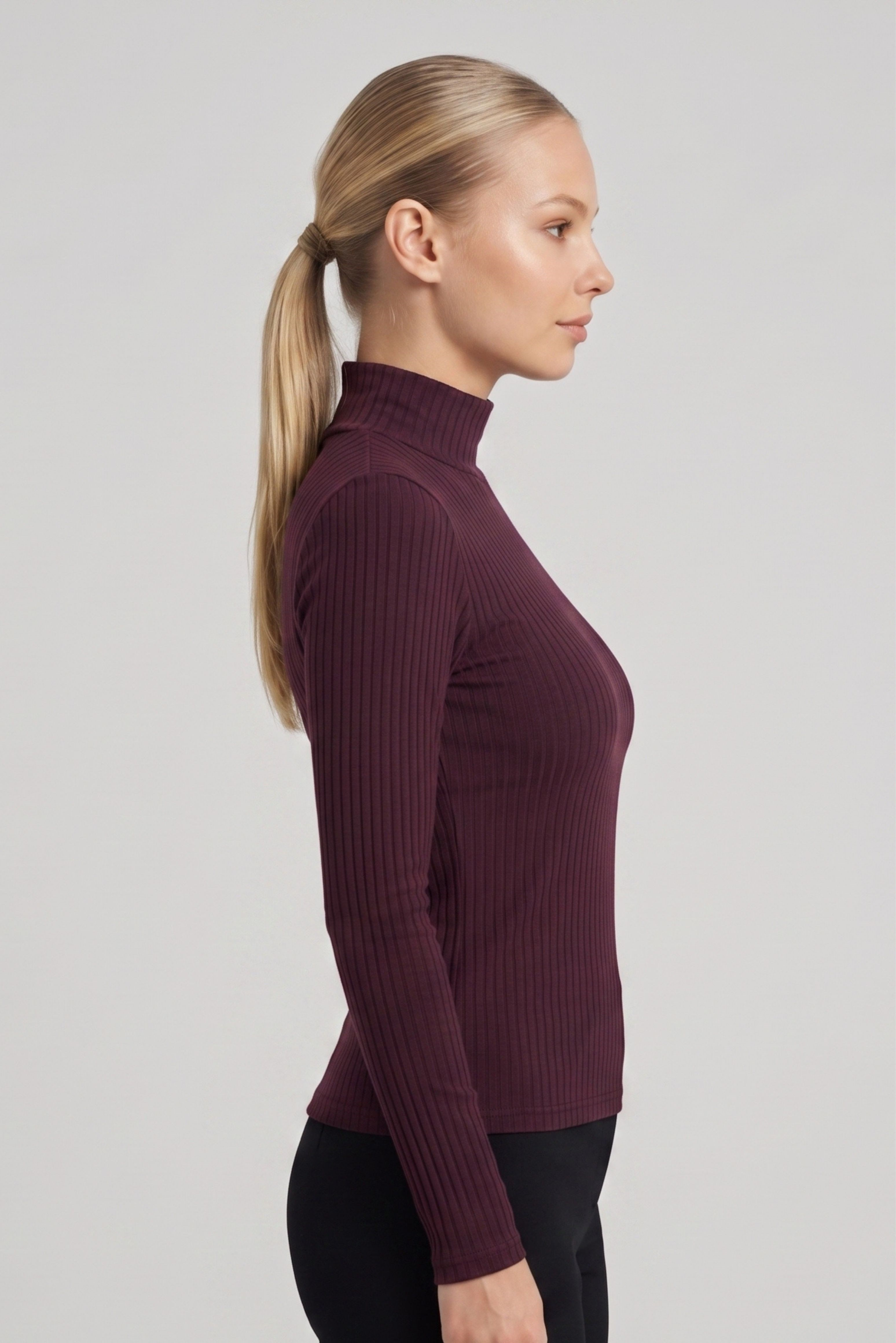 Kadın Bordo Dik Yaka Uzun Kol Body