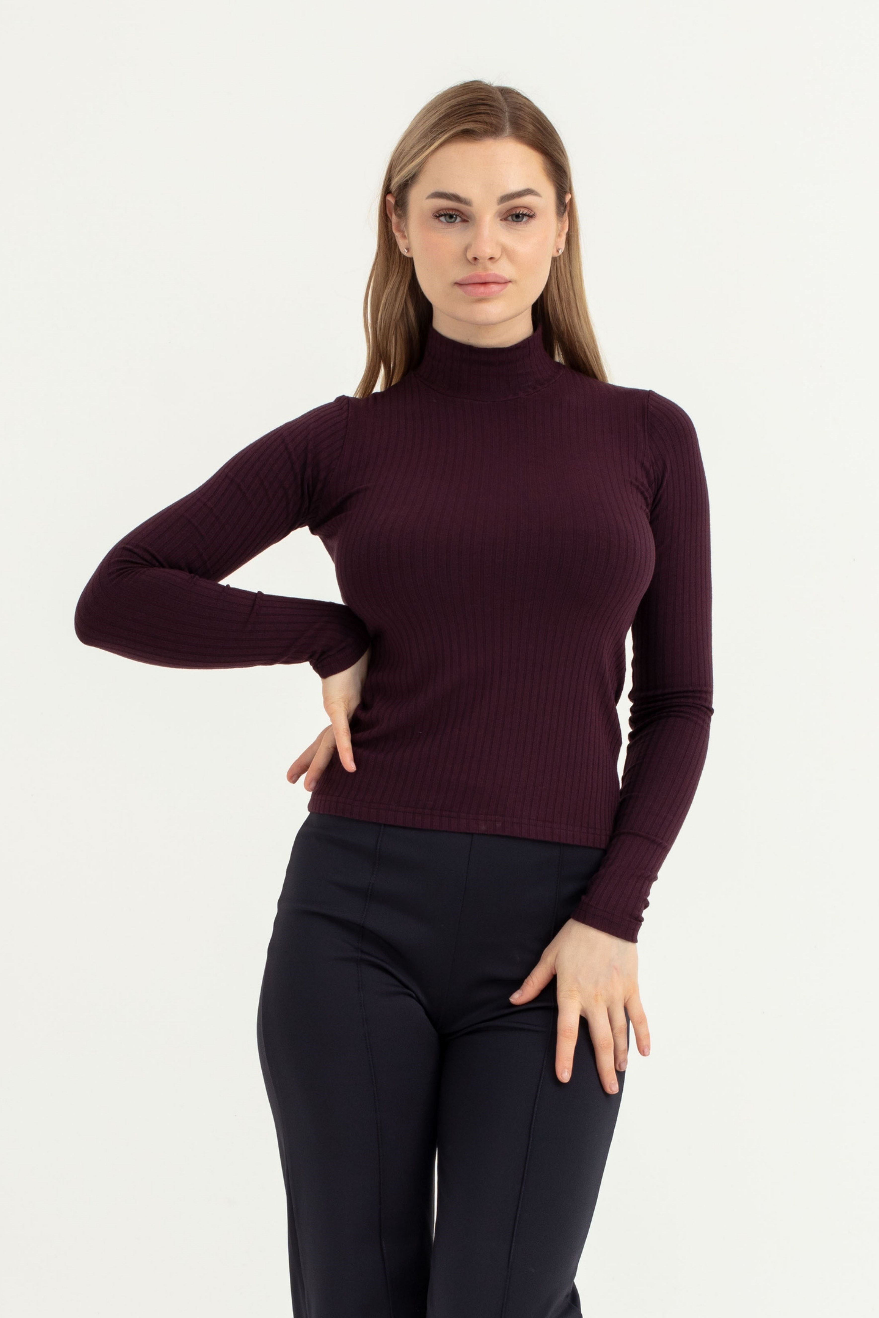 Kadın Bordo Dik Yaka Uzun Kol Body